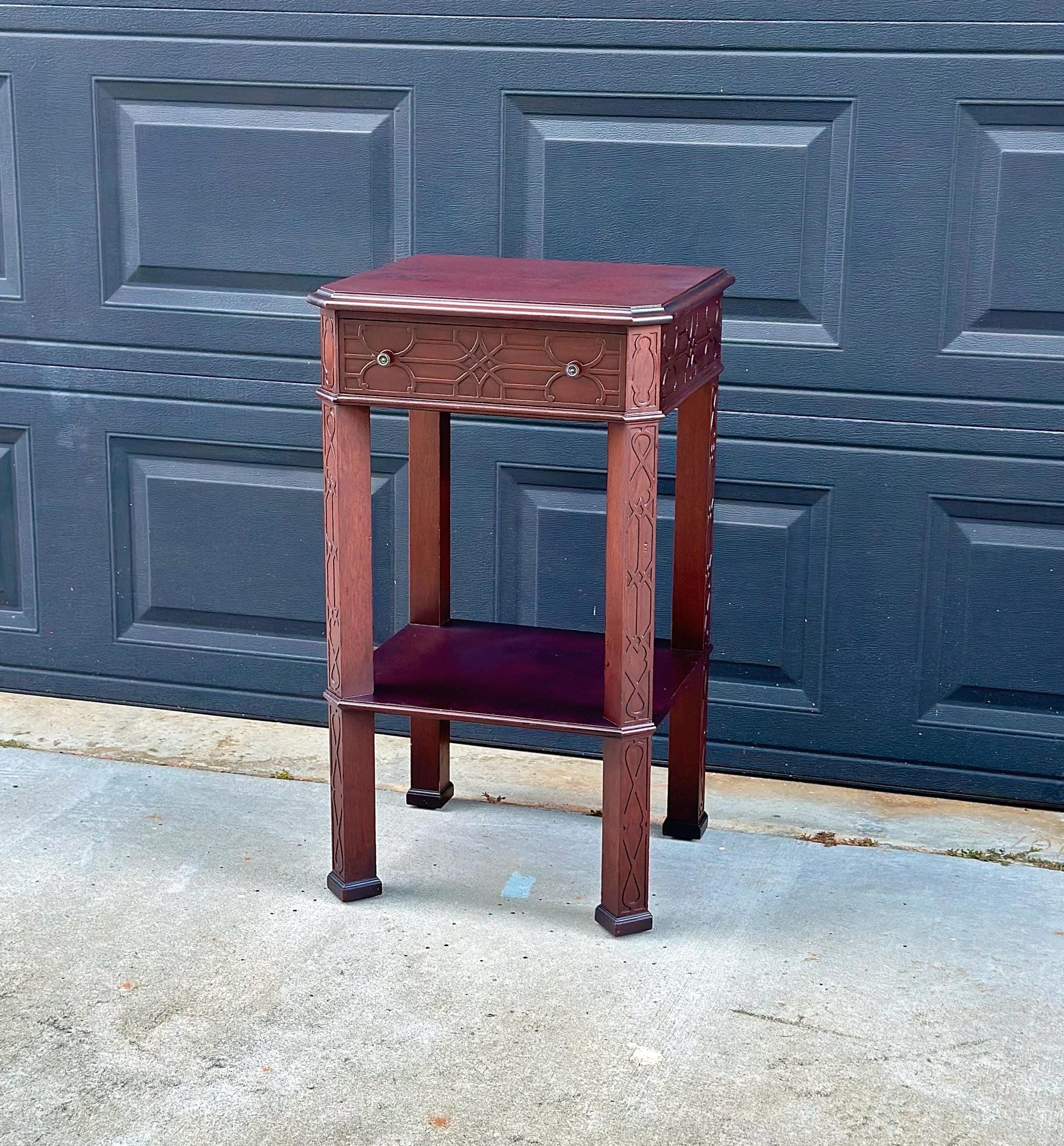 Antique Early 20th Century Bookmatched Carved Mahogany Tall Accent Table with Drawer & Open Shelf 17.5" Wide