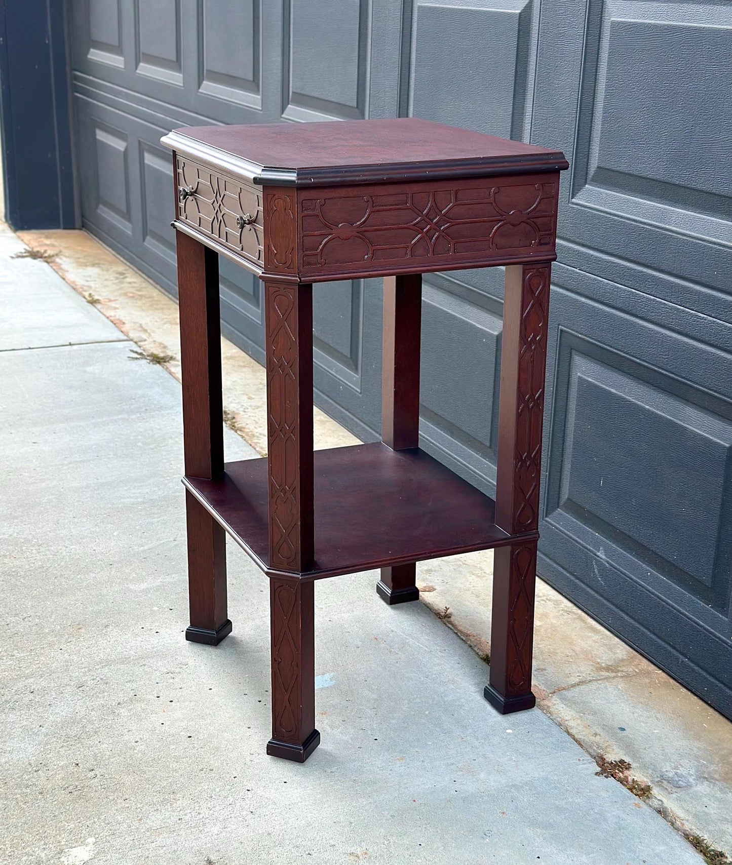 Antique Early 20th Century Bookmatched Carved Mahogany Tall Accent Table with Drawer & Open Shelf 17.5" Wide