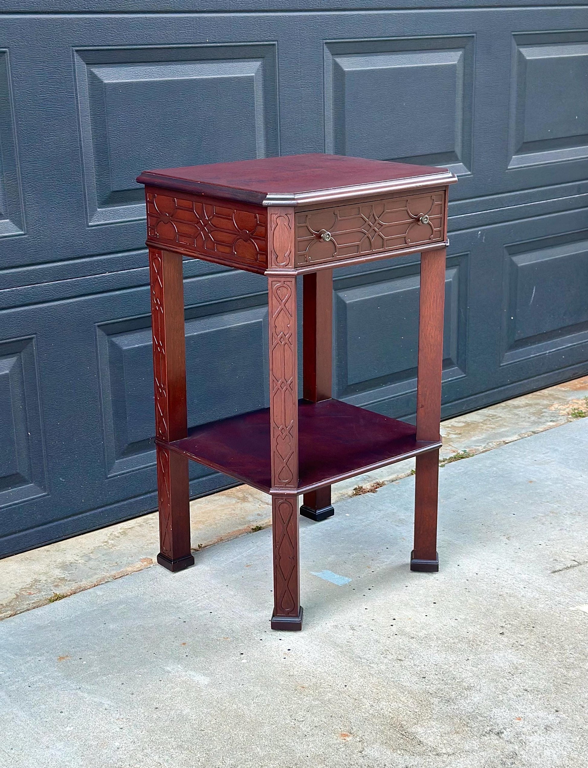 Antique Early 20th Century Bookmatched Carved Mahogany Tall Accent Table with Drawer & Open Shelf 17.5" Wide