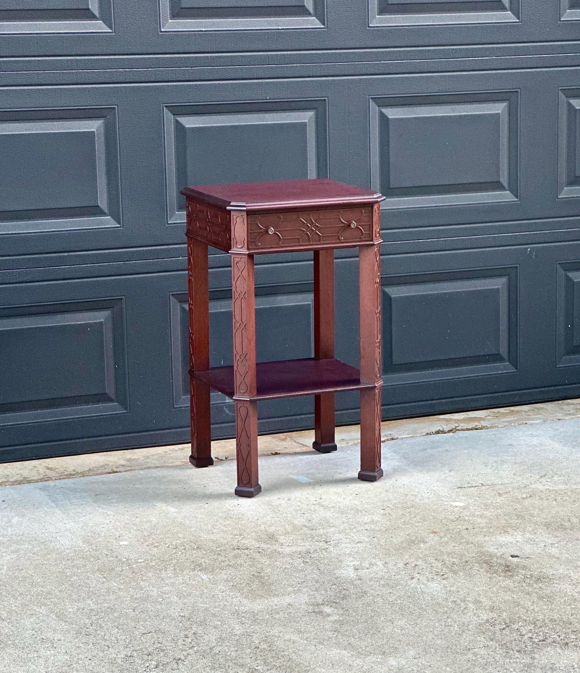 Antique Early 20th Century Bookmatched Carved Mahogany Tall Accent Table with Drawer & Open Shelf 17.5" Wide