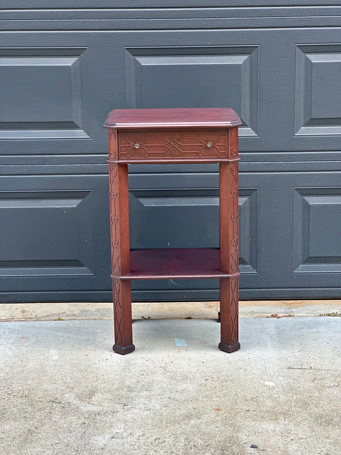 Antique Early 20th Century Bookmatched Carved Mahogany Tall Accent Table with Drawer & Open Shelf 17.5" Wide