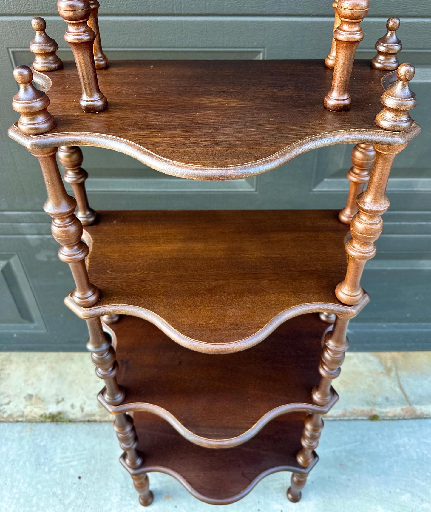 Antique Late 19th Century Five Tier Carved Serpentine Front Victorian Walnut Shelf