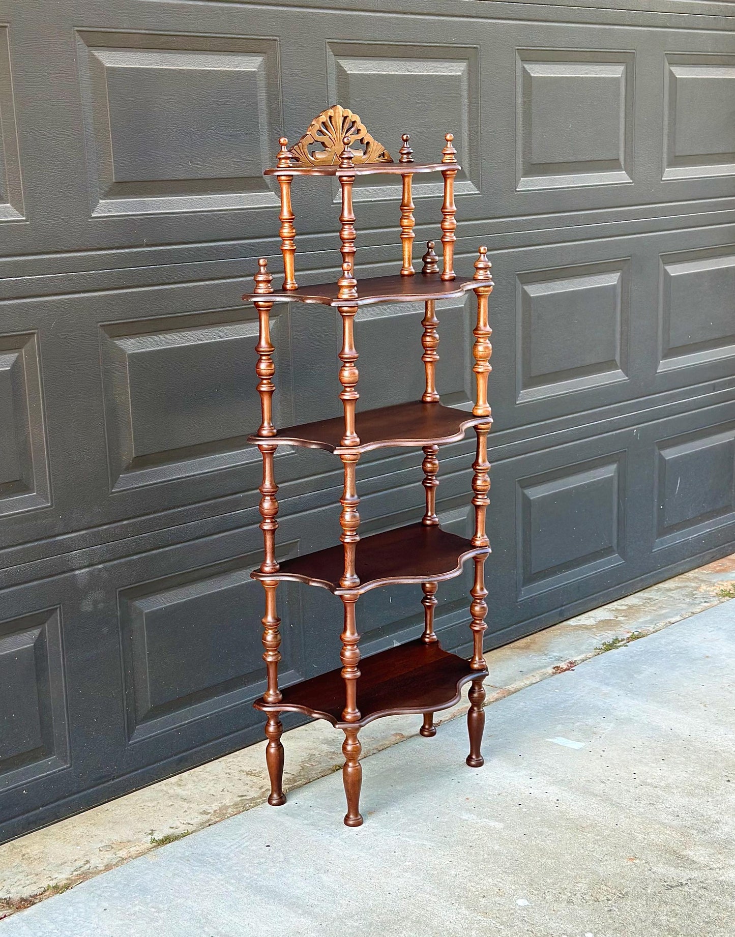 Antique Late 19th Century Five Tier Carved Serpentine Front Victorian Walnut Shelf