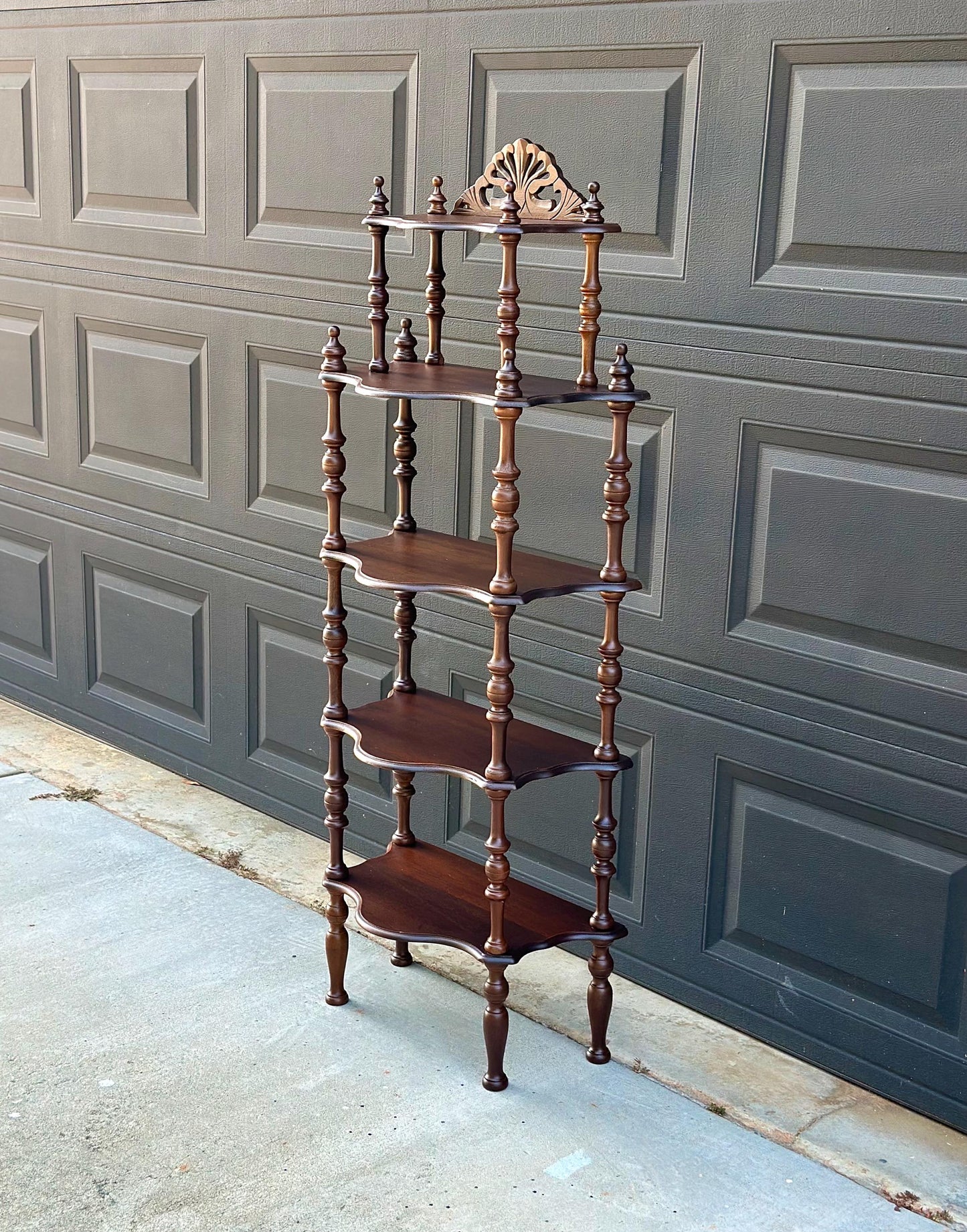 Antique Late 19th Century Five Tier Carved Serpentine Front Victorian Walnut Shelf
