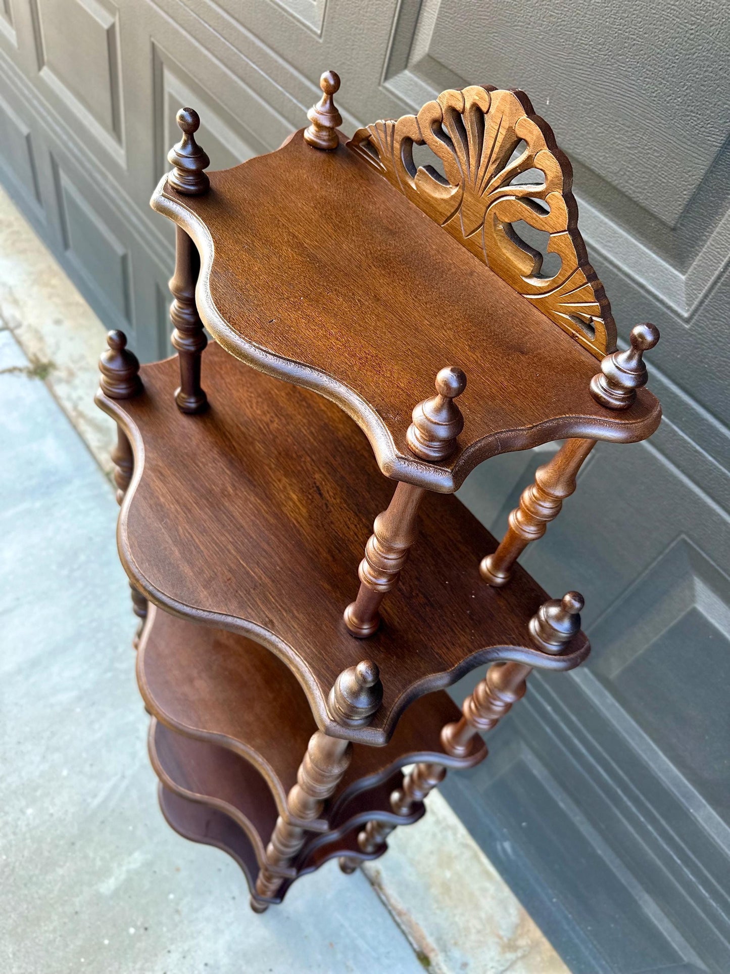 Antique Late 19th Century Five Tier Carved Serpentine Front Victorian Walnut Shelf