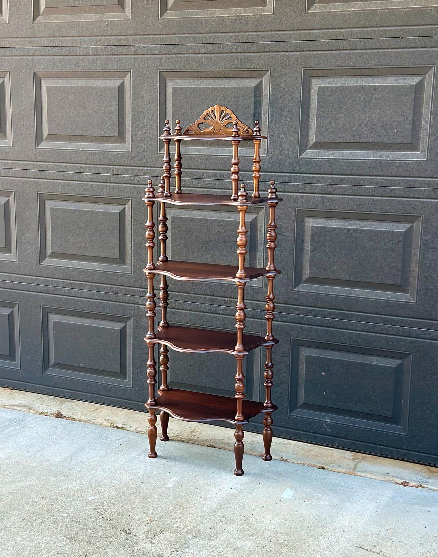 Antique Late 19th Century Five Tier Carved Serpentine Front Victorian Walnut Shelf