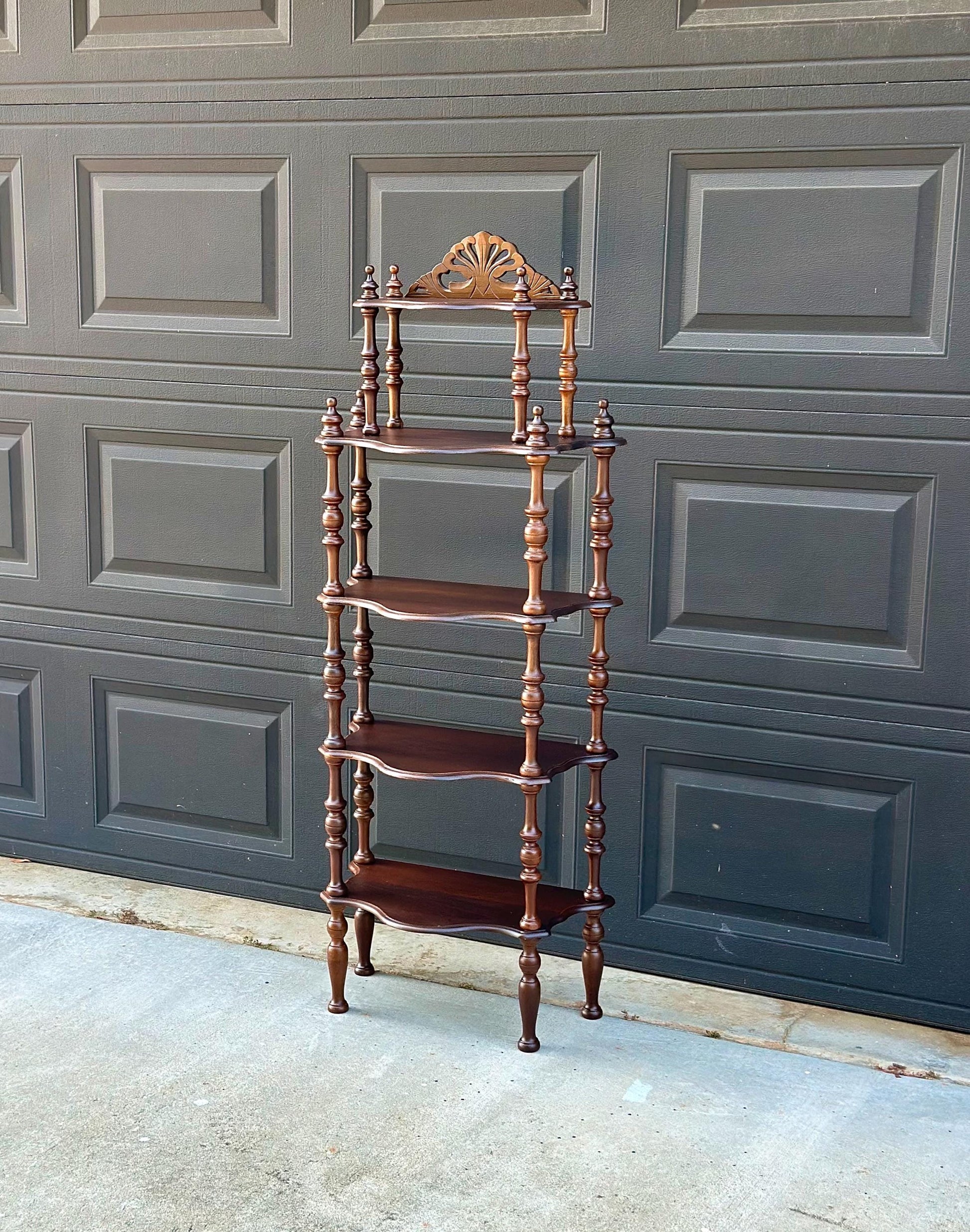 Antique Late 19th Century Five Tier Carved Serpentine Front Victorian Walnut Shelf