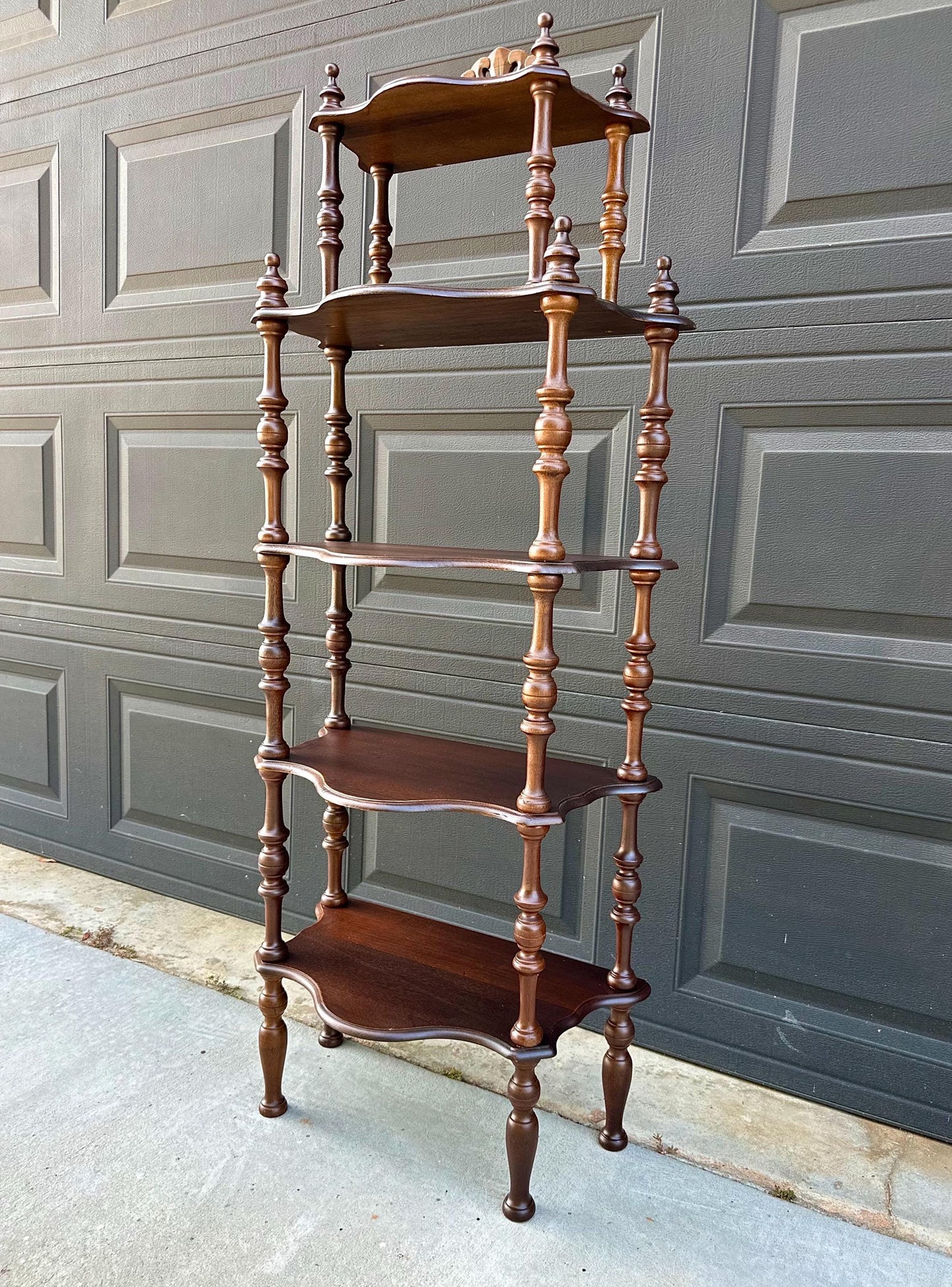 Antique Late 19th Century Five Tier Carved Serpentine Front Victorian Walnut Shelf