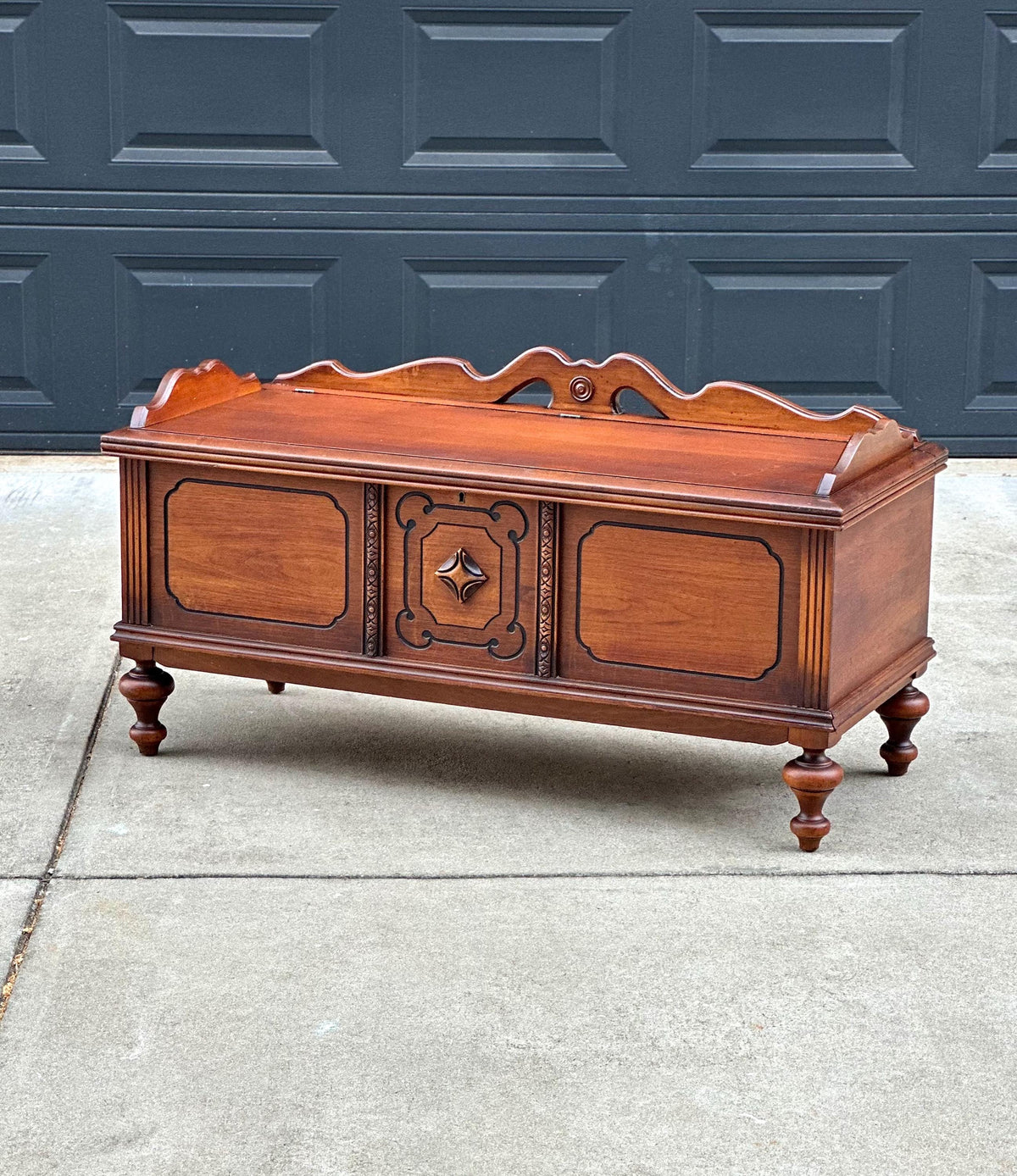 Antique Early 20th Century West Branch Cedar Trunk Lift Top Storage Entry Bench | Raised Wood Chest 45" Wide