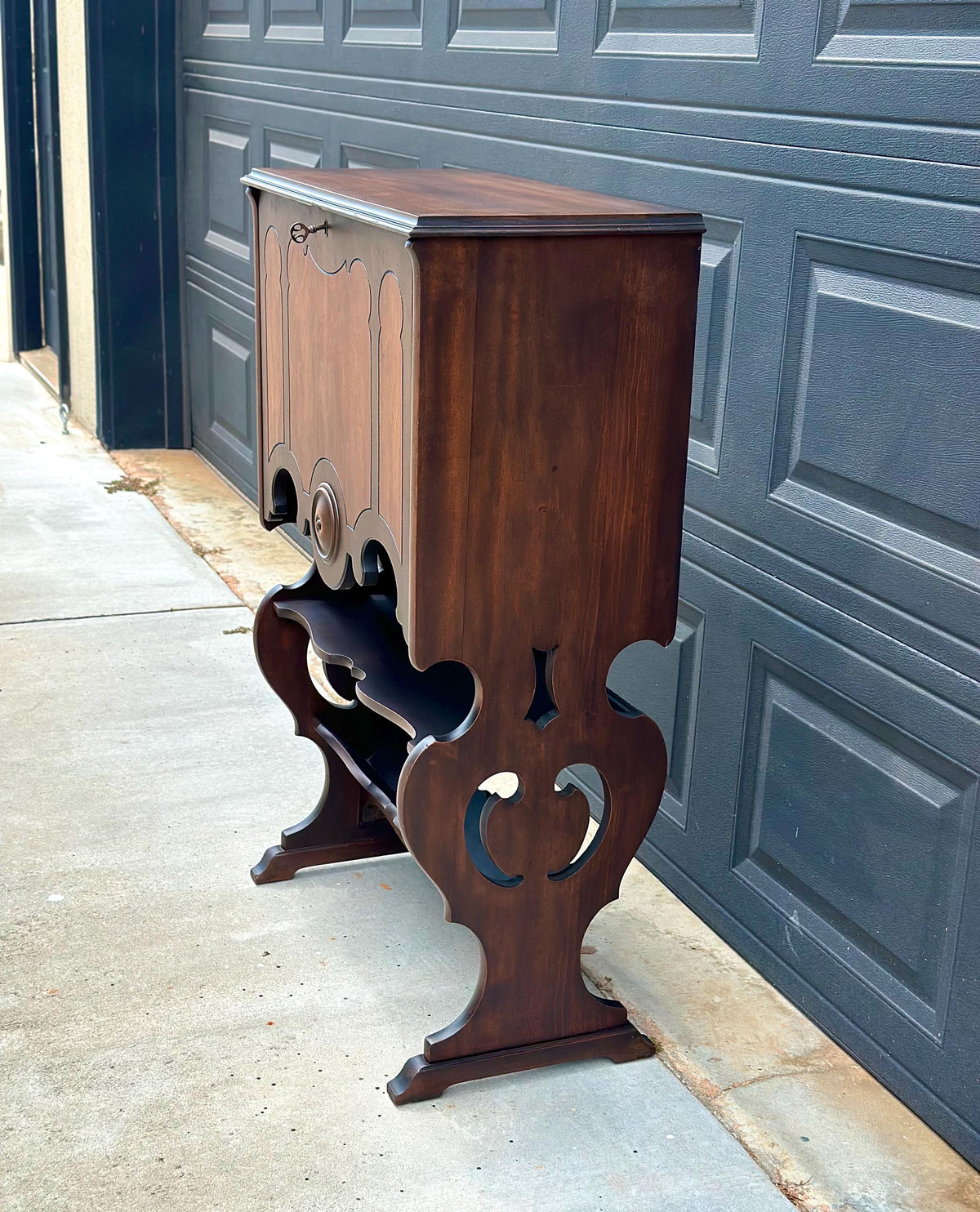 Antique Early 20th Century Secretary Desk with Skeleton Key | Illuminated Drop Front Two Tone Walnut Writing Cabinet & Bookshelf 26.5" Wide