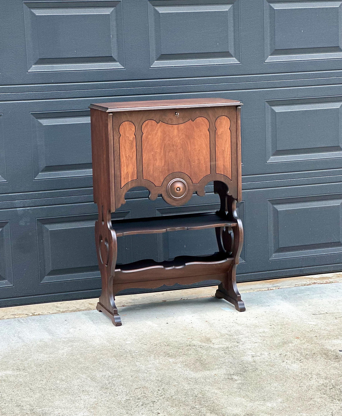 Antique Early 20th Century Secretary Desk with Skeleton Key | Illuminated Drop Front Two Tone Walnut Writing Cabinet & Bookshelf 26.5" Wide