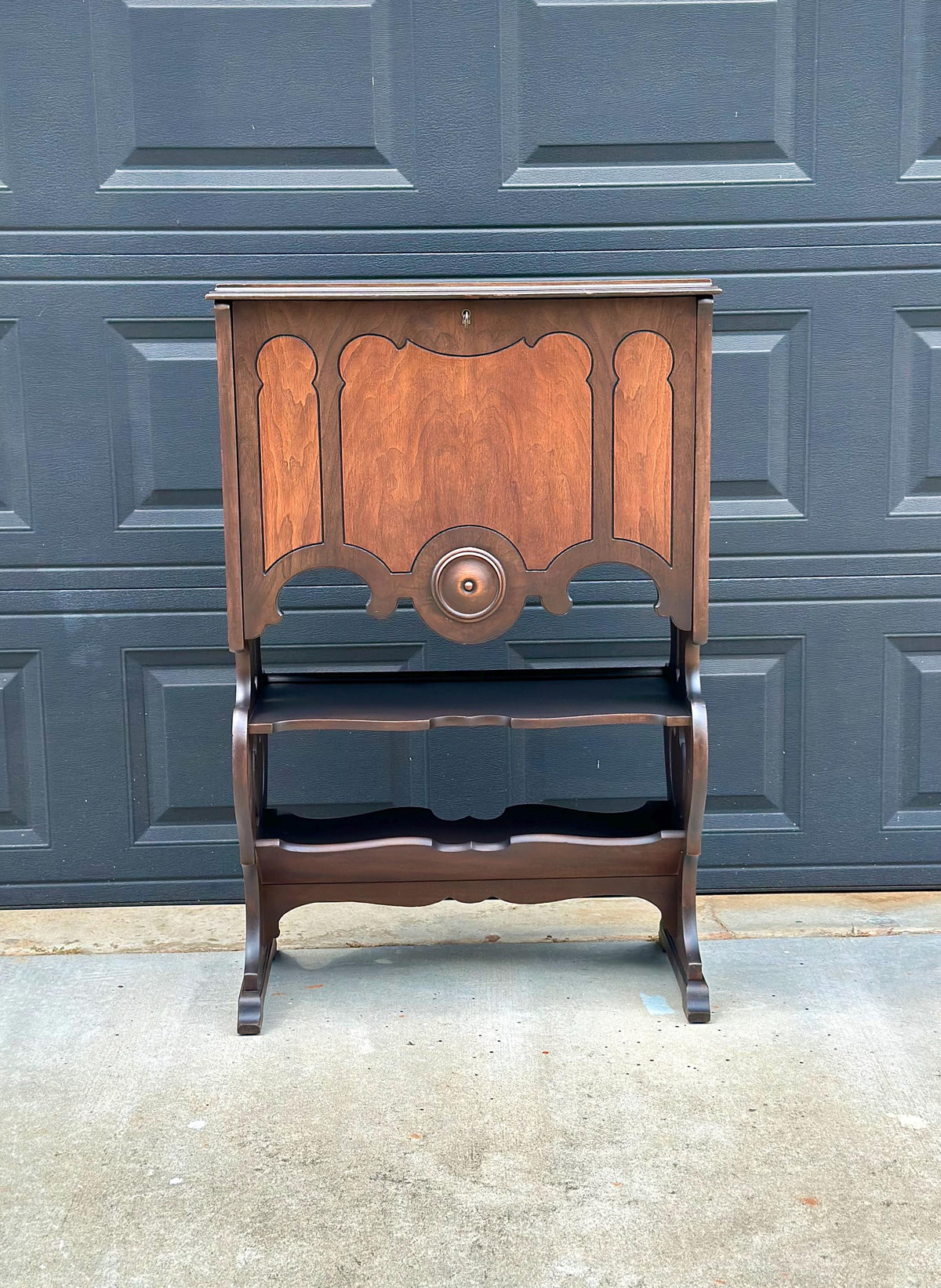 Antique Early 20th Century Secretary Desk with Skeleton Key | Illuminated Drop Front Two Tone Walnut Writing Cabinet & Bookshelf 26.5" Wide