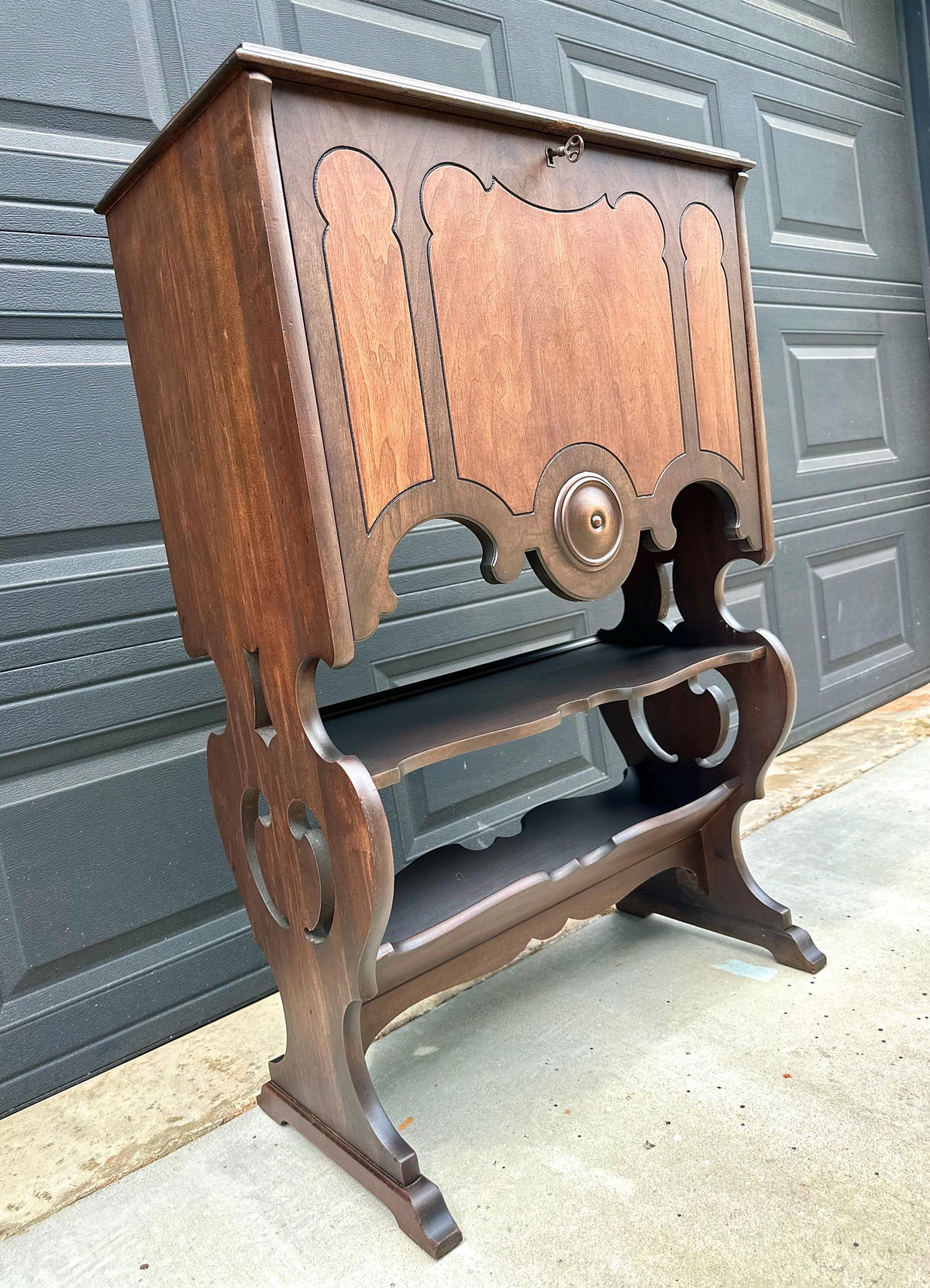Antique Early 20th Century Secretary Desk with Skeleton Key | Illuminated Drop Front Two Tone Walnut Writing Cabinet & Bookshelf 26.5" Wide