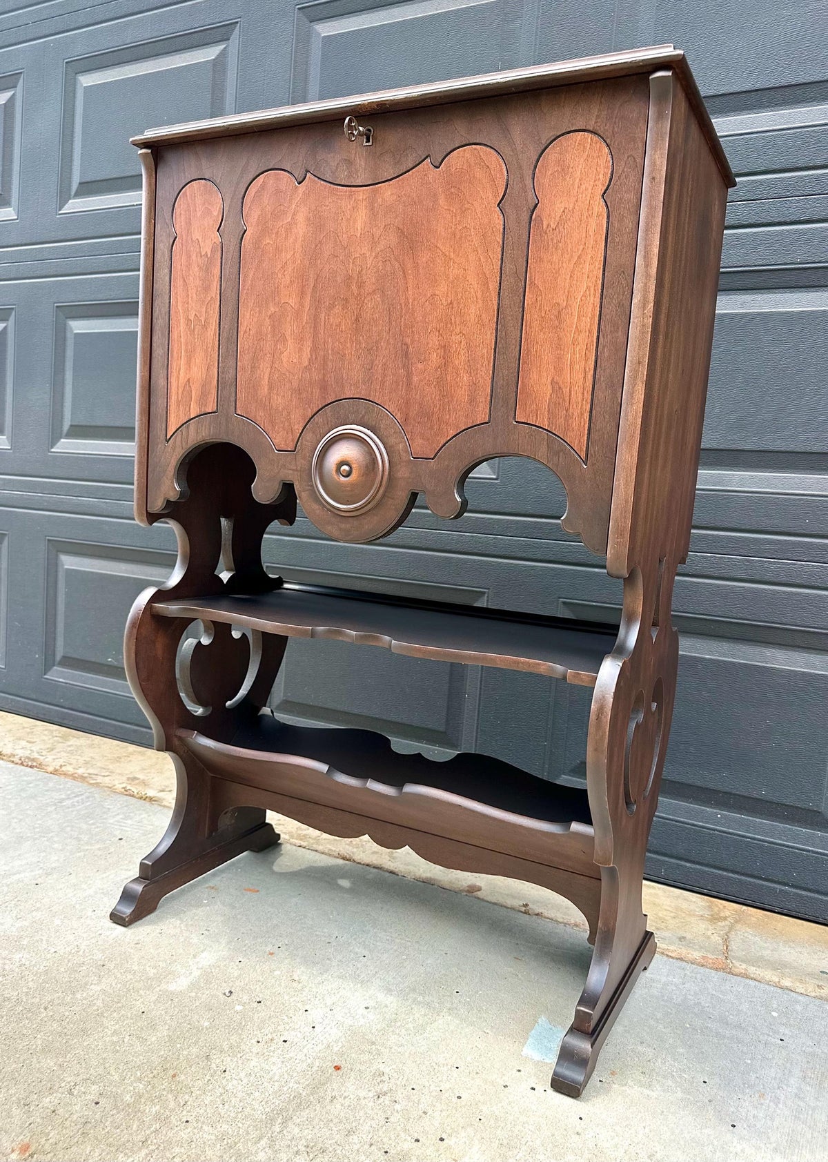 Antique Early 20th Century Secretary Desk with Skeleton Key | Illuminated Drop Front Two Tone Walnut Writing Cabinet & Bookshelf 26.5" Wide