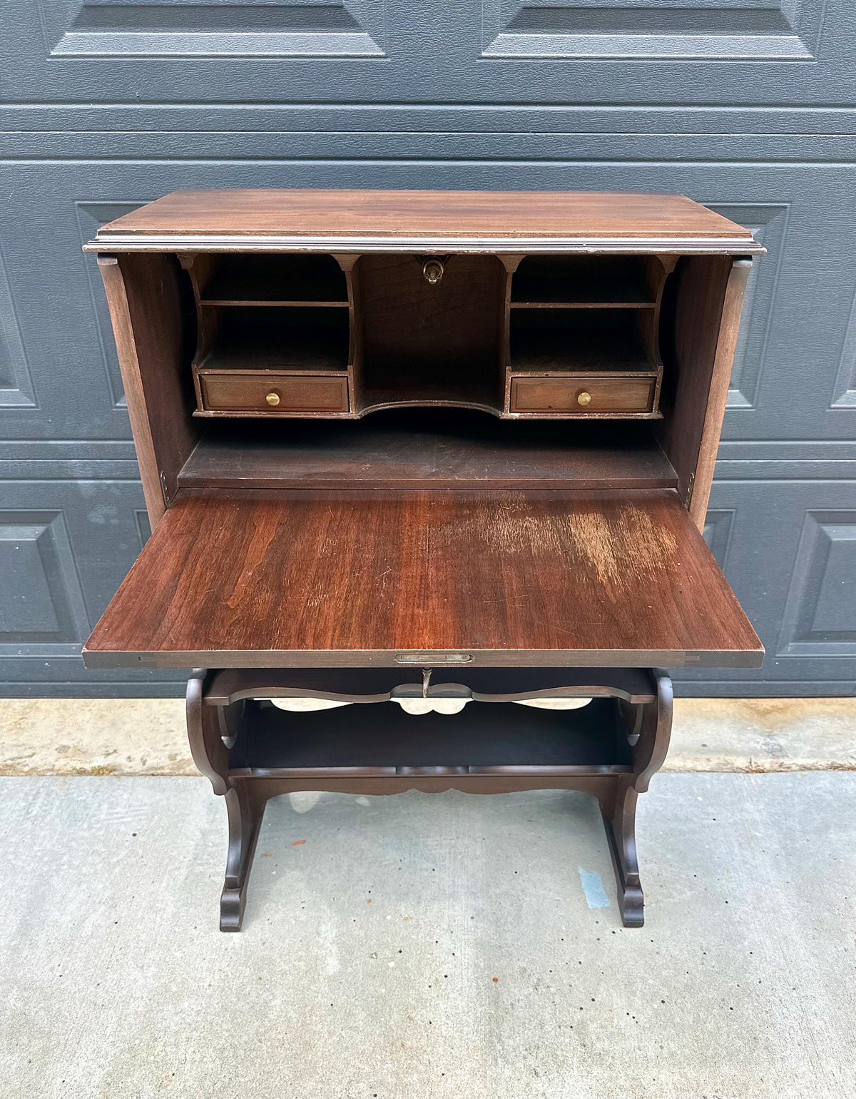 Antique Early 20th Century Secretary Desk with Skeleton Key | Illuminated Drop Front Two Tone Walnut Writing Cabinet & Bookshelf 26.5" Wide