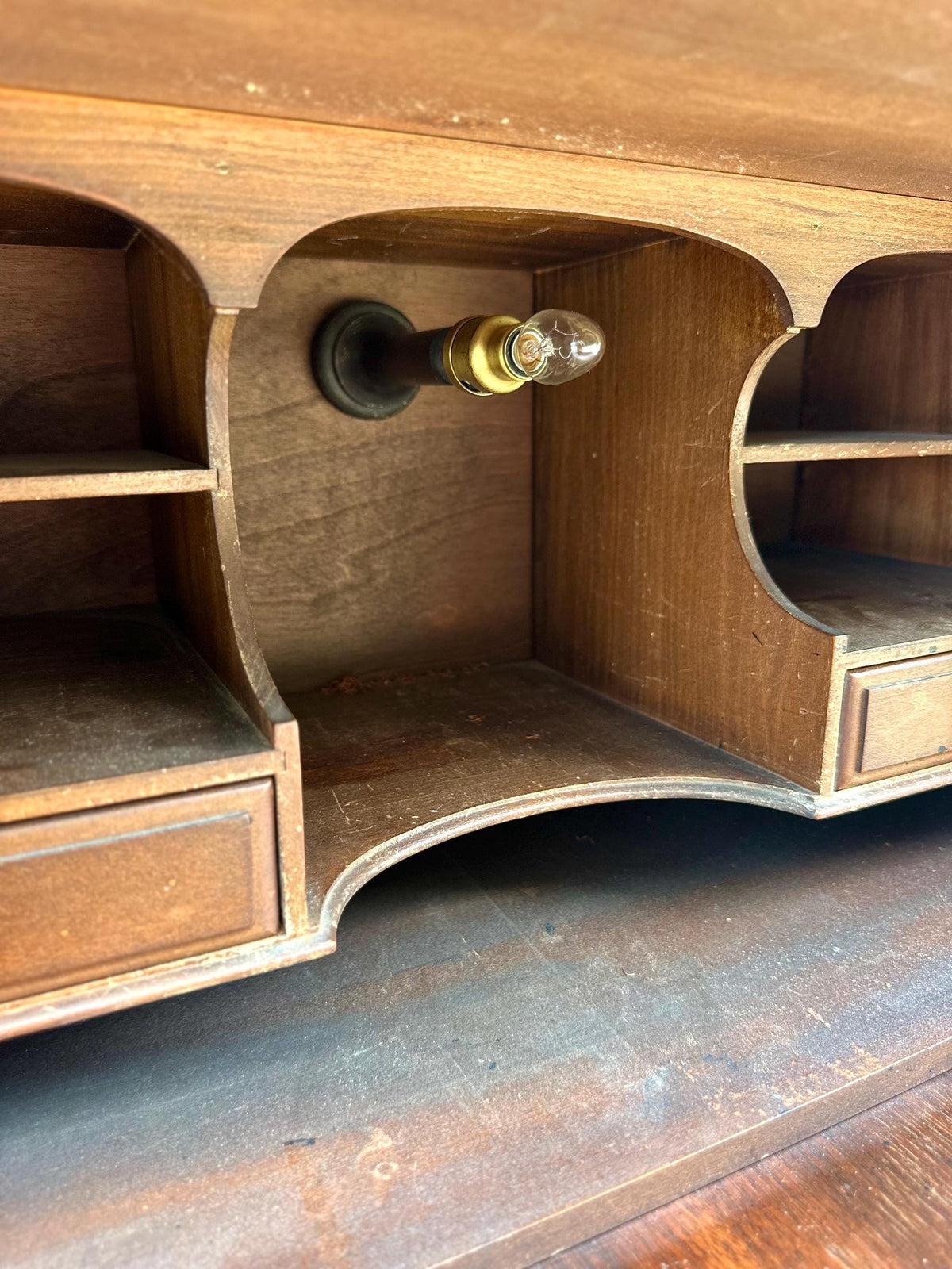Antique Early 20th Century Secretary Desk with Skeleton Key | Illuminated Drop Front Two Tone Walnut Writing Cabinet & Bookshelf 26.5" Wide