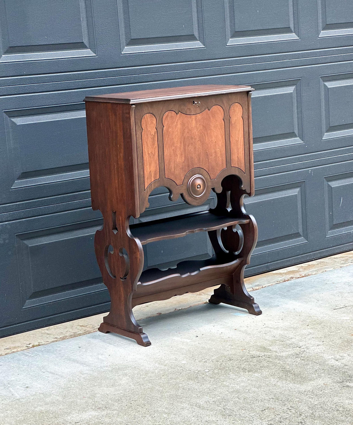 Antique Early 20th Century Secretary Desk with Skeleton Key | Illuminated Drop Front Two Tone Walnut Writing Cabinet & Bookshelf 26.5" Wide