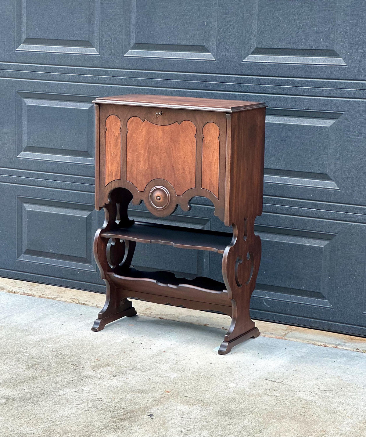 Antique Early 20th Century Secretary Desk with Skeleton Key | Illuminated Drop Front Two Tone Walnut Writing Cabinet & Bookshelf 26.5" Wide