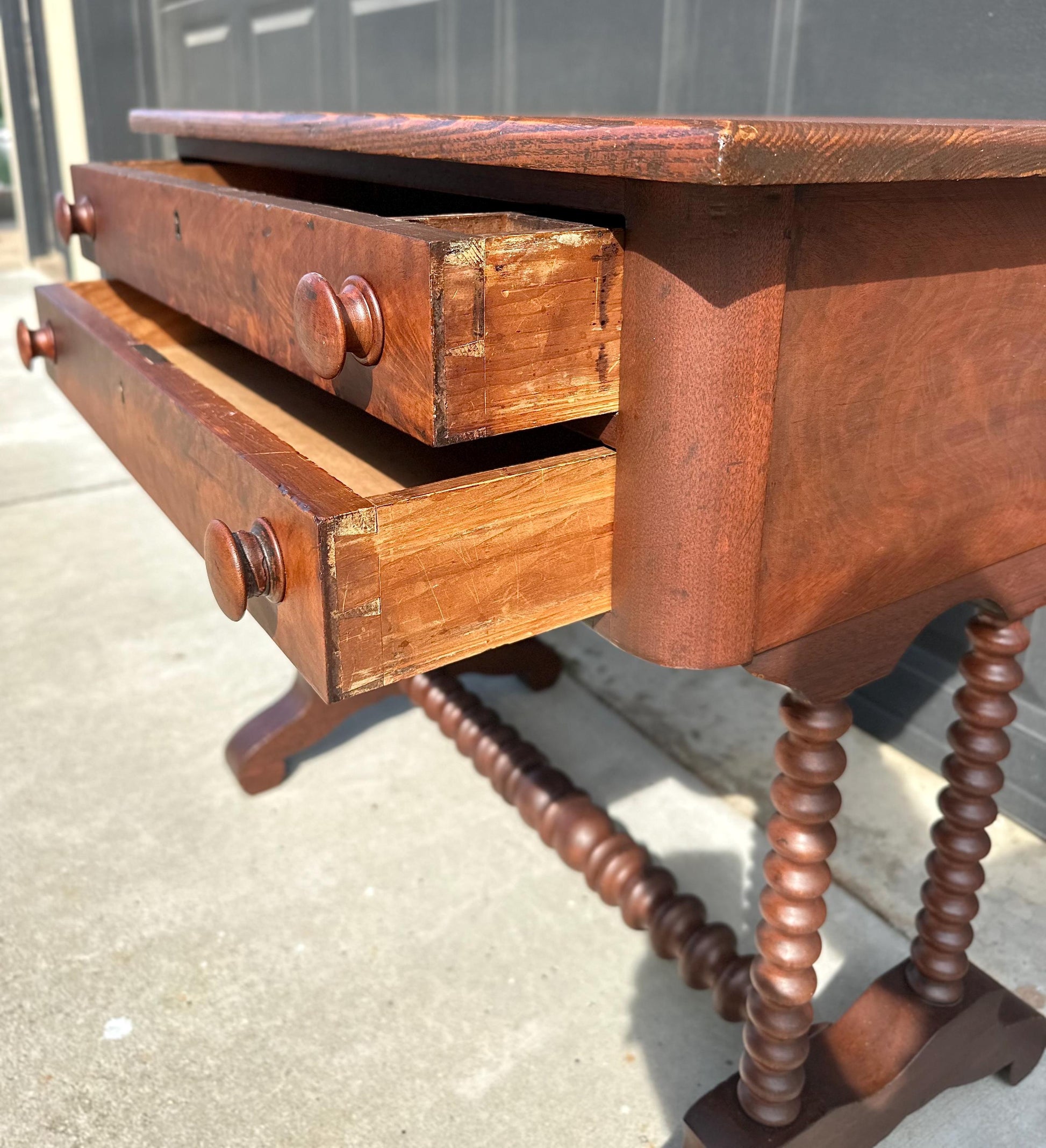 Antique Mid 19th Century Turned Bobbin Leg Two Drawer Walnut Accent Writing Table 30" Wide
