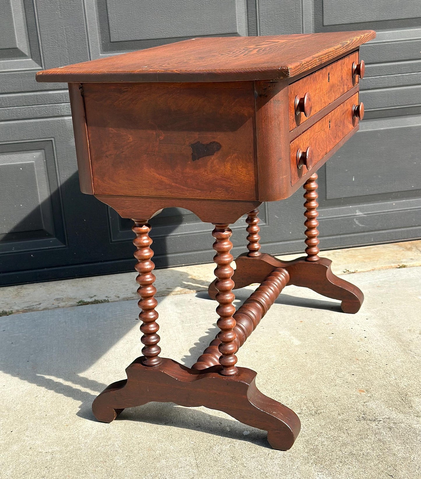 Antique Mid 19th Century Turned Bobbin Leg Two Drawer Walnut Accent Writing Table 30" Wide