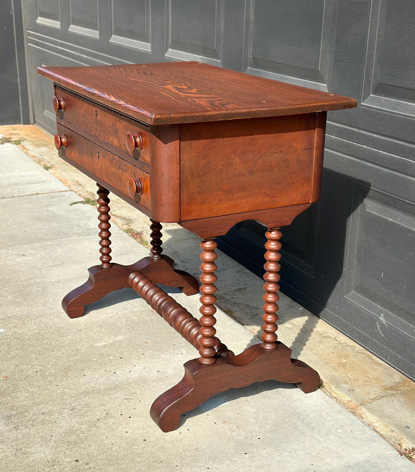 Antique Mid 19th Century Turned Bobbin Leg Two Drawer Walnut Accent Writing Table 30" Wide