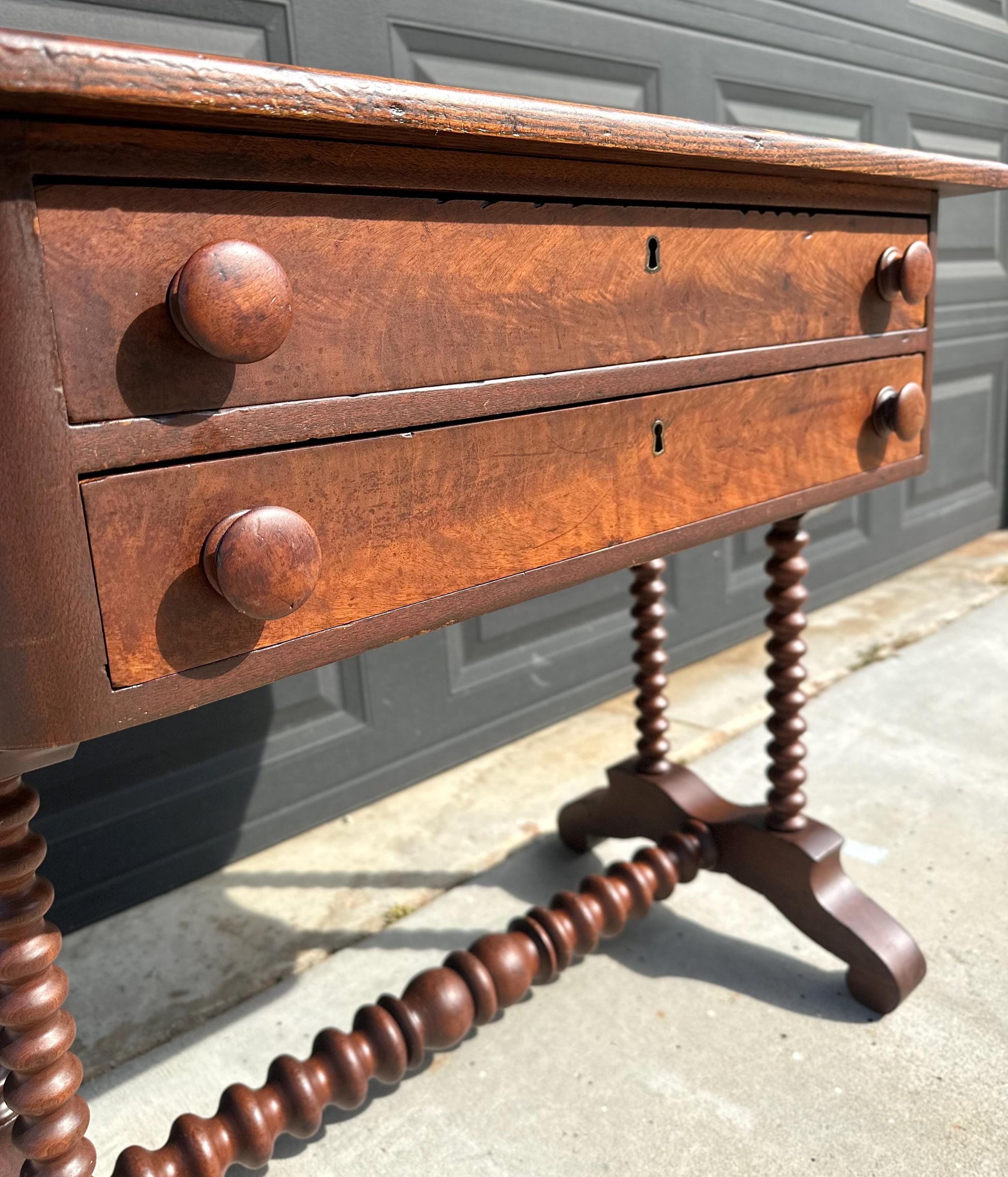 Antique Mid 19th Century Turned Bobbin Leg Two Drawer Walnut Accent Writing Table 30" Wide