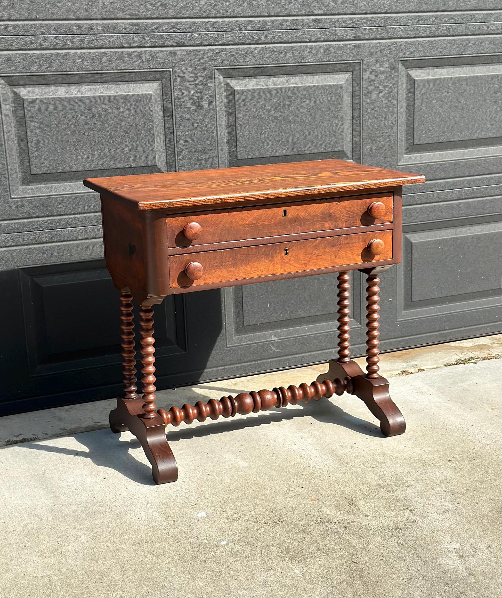 Antique Mid 19th Century Turned Bobbin Leg Two Drawer Walnut Accent Writing Table 30" Wide