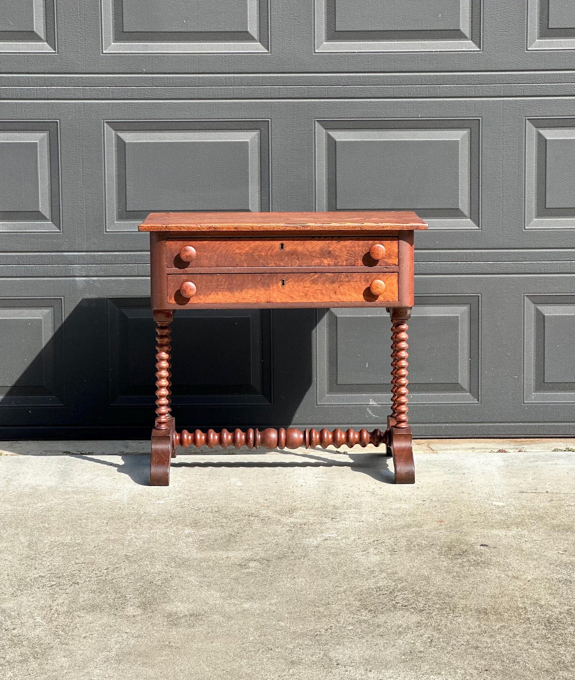 Antique Mid 19th Century Turned Bobbin Leg Two Drawer Walnut Accent Writing Table 30" Wide