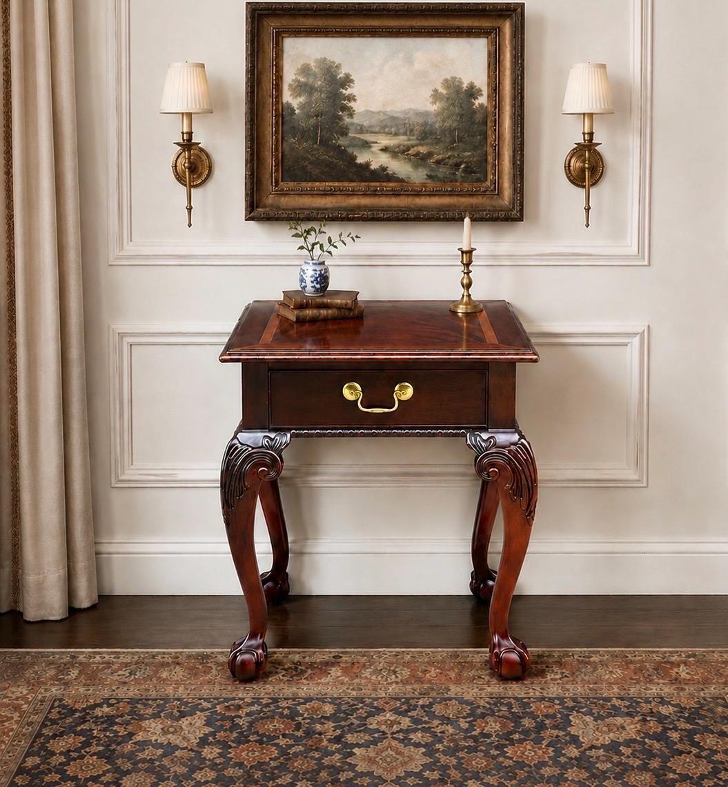 Vintage Late 20th Century Banded Mahogany Wood Chippendale Side Table