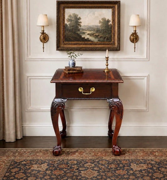 Vintage Late 20th Century Banded Mahogany Wood Chippendale Side Table