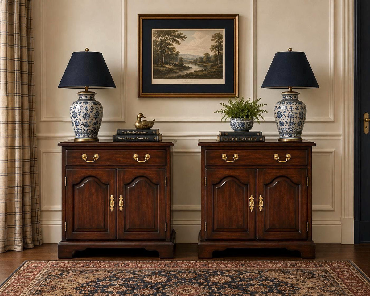 Vintage Late 20th Century Henkel Harris Solid Wood Cabinet Nightstands with Drawer – a Pair
