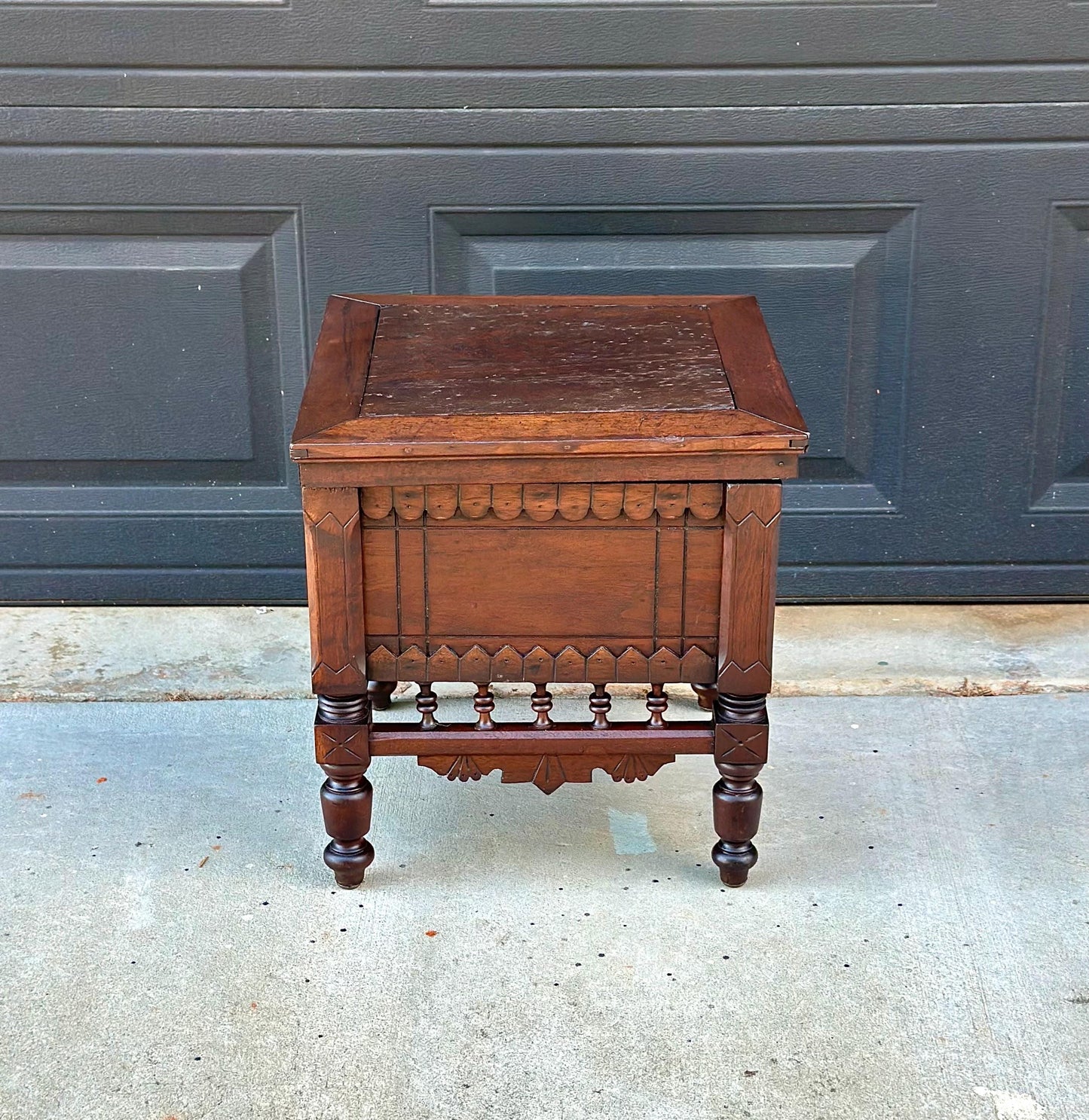 Antique Mid 19th Century Ornate Victorian Turned Leg Lift Top Storage Stool | Small Side Table 16" Wide