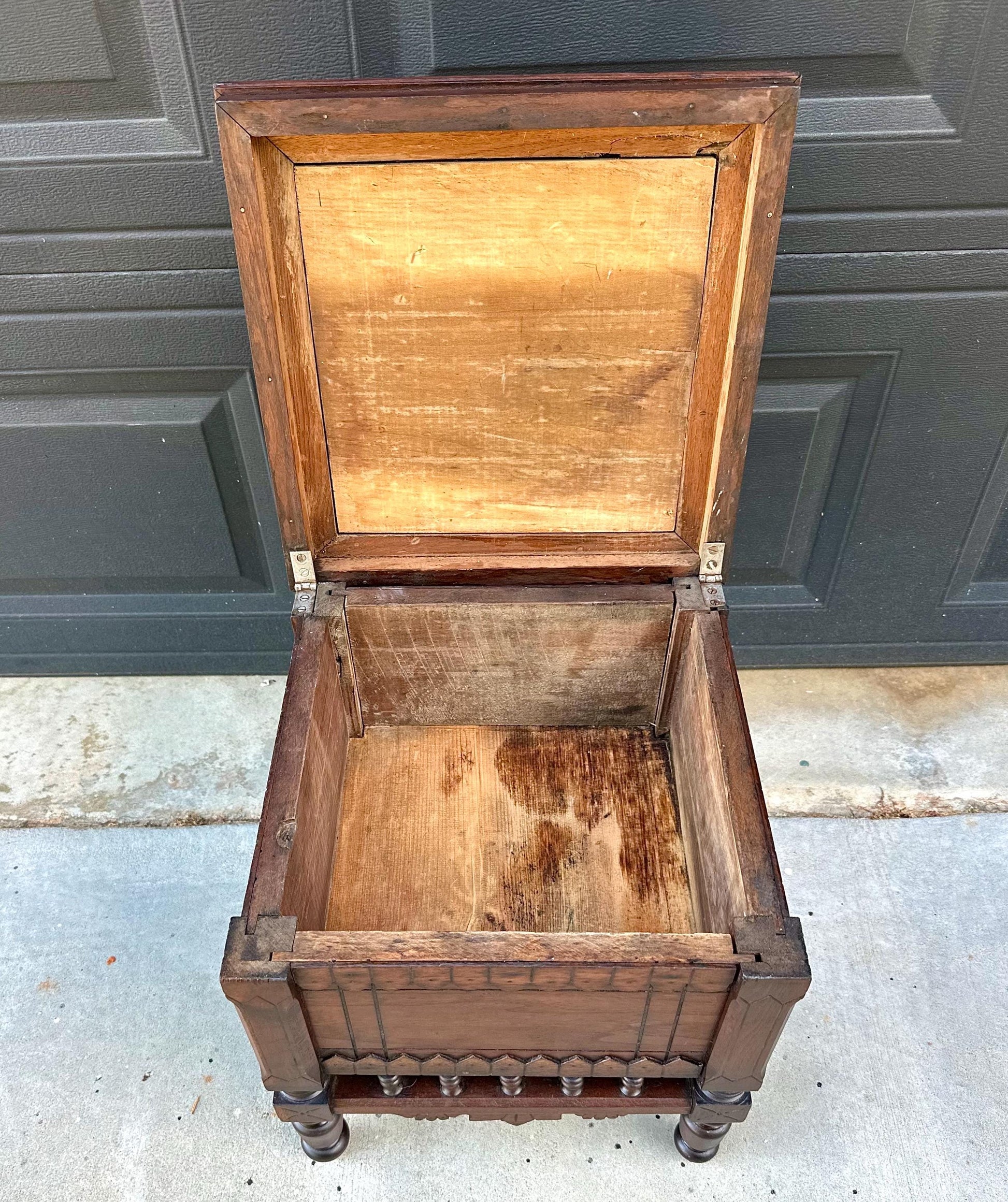 Antique Mid 19th Century Ornate Victorian Turned Leg Lift Top Storage Stool | Small Side Table 16" Wide