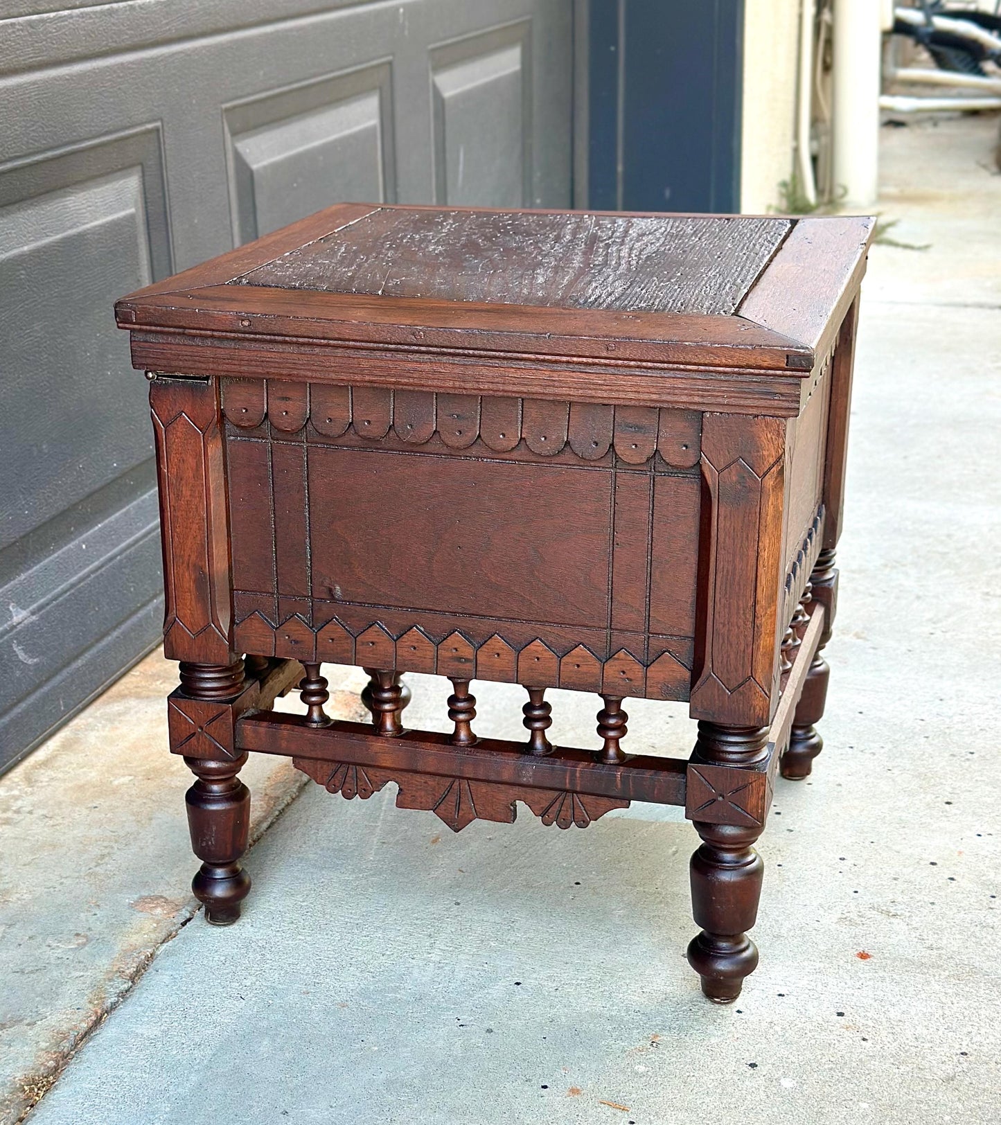 Antique Mid 19th Century Ornate Victorian Turned Leg Lift Top Storage Stool | Small Side Table 16" Wide
