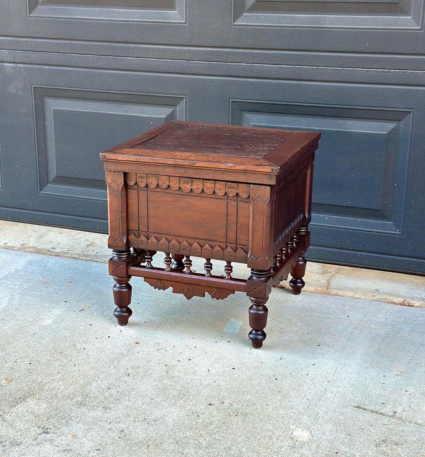 Antique Mid 19th Century Ornate Victorian Turned Leg Lift Top Storage Stool | Small Side Table 16" Wide