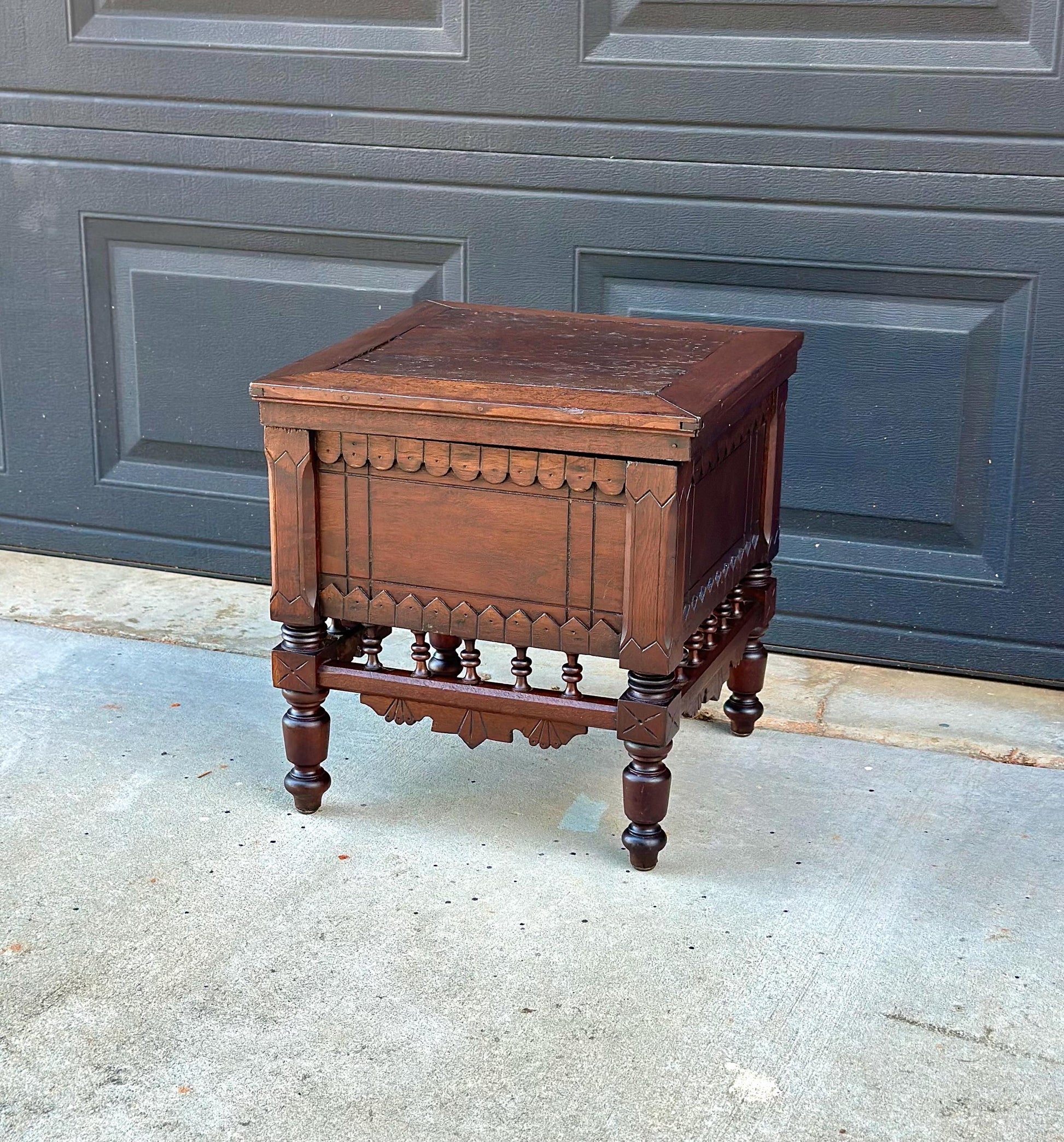 Antique Mid 19th Century Ornate Victorian Turned Leg Lift Top Storage Stool | Small Side Table 16" Wide