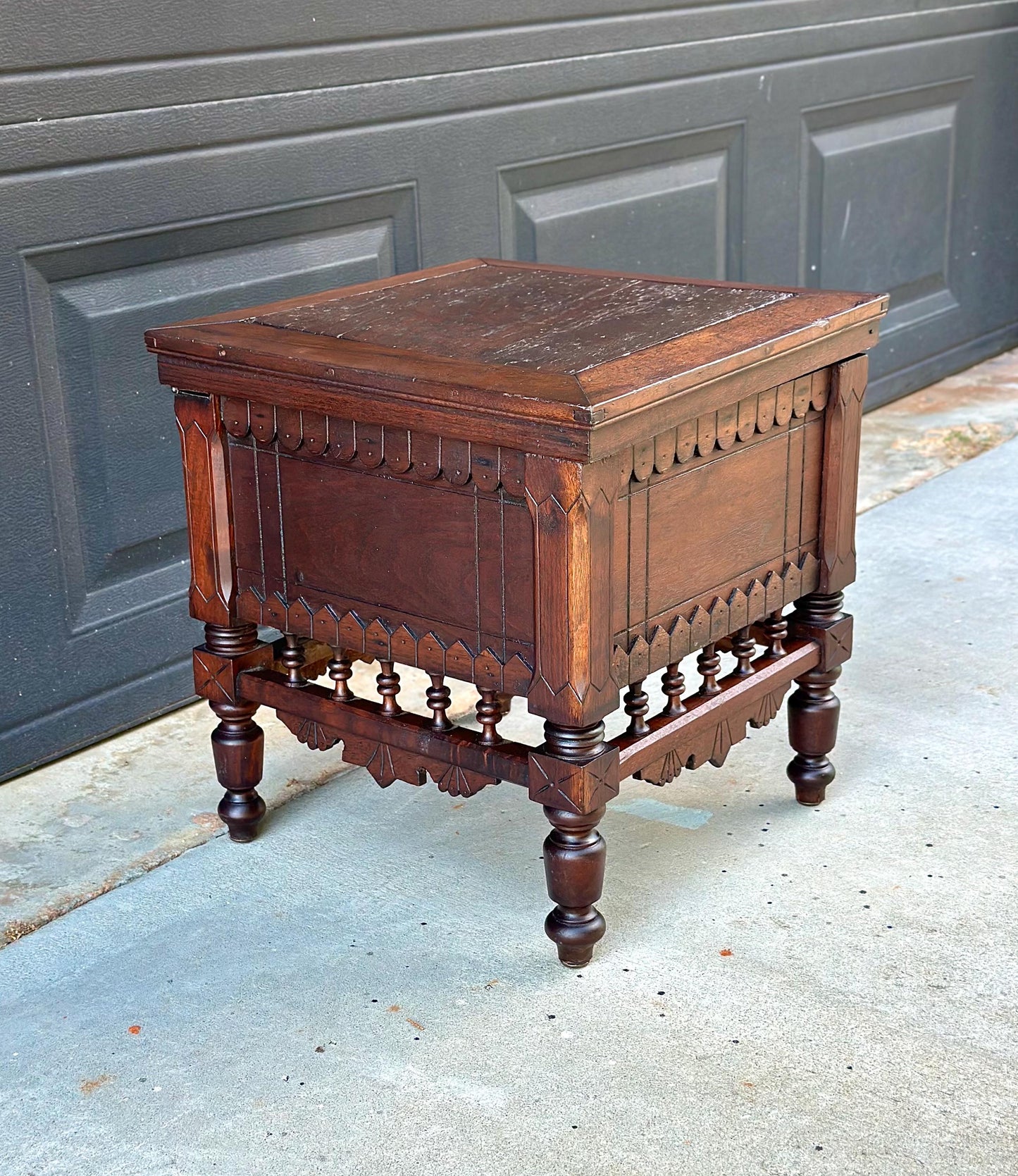 Antique Mid 19th Century Ornate Victorian Turned Leg Lift Top Storage Stool | Small Side Table 16" Wide
