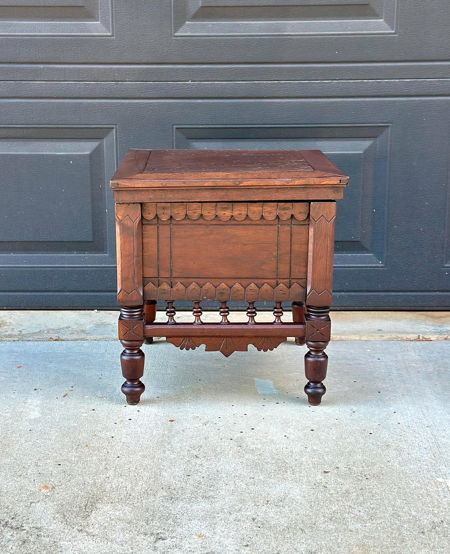 Antique Mid 19th Century Ornate Victorian Turned Leg Lift Top Storage Stool | Small Side Table 16" Wide