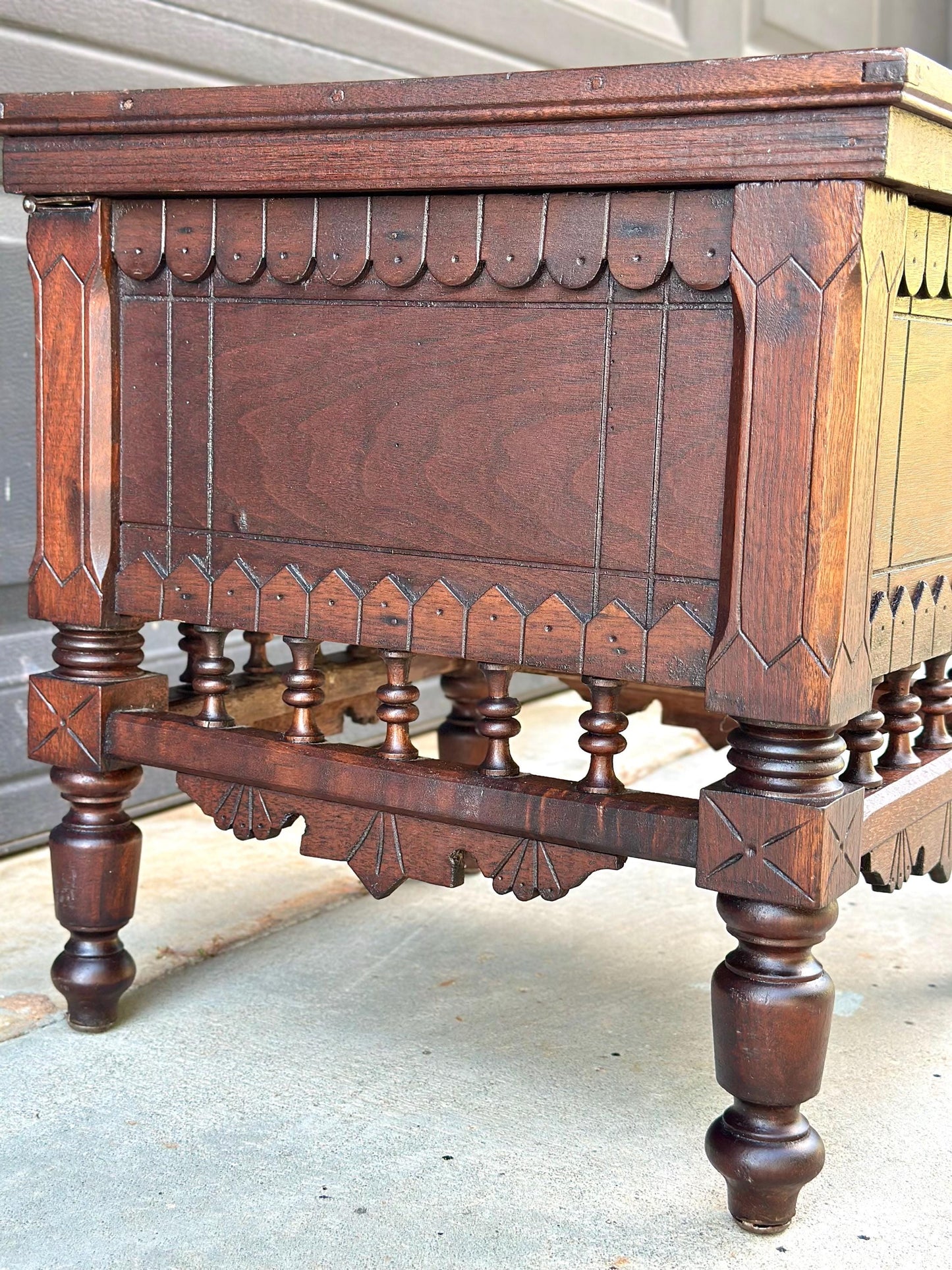 Antique Mid 19th Century Ornate Victorian Turned Leg Lift Top Storage Stool | Small Side Table 16" Wide