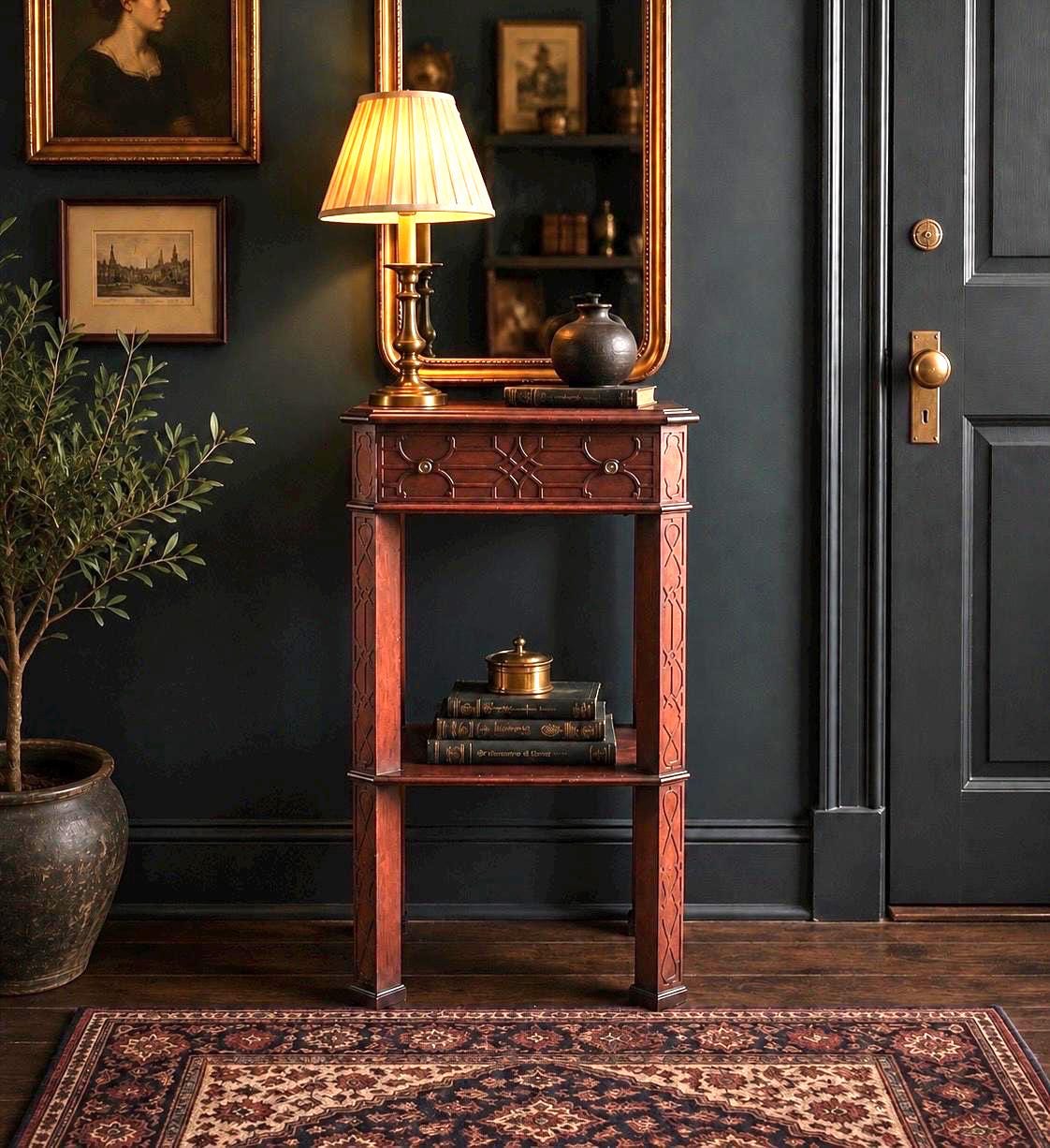 Antique Early 20th Century Bookmatched Carved Mahogany Tall Accent Table with Drawer & Open Shelf 17.5" Wide