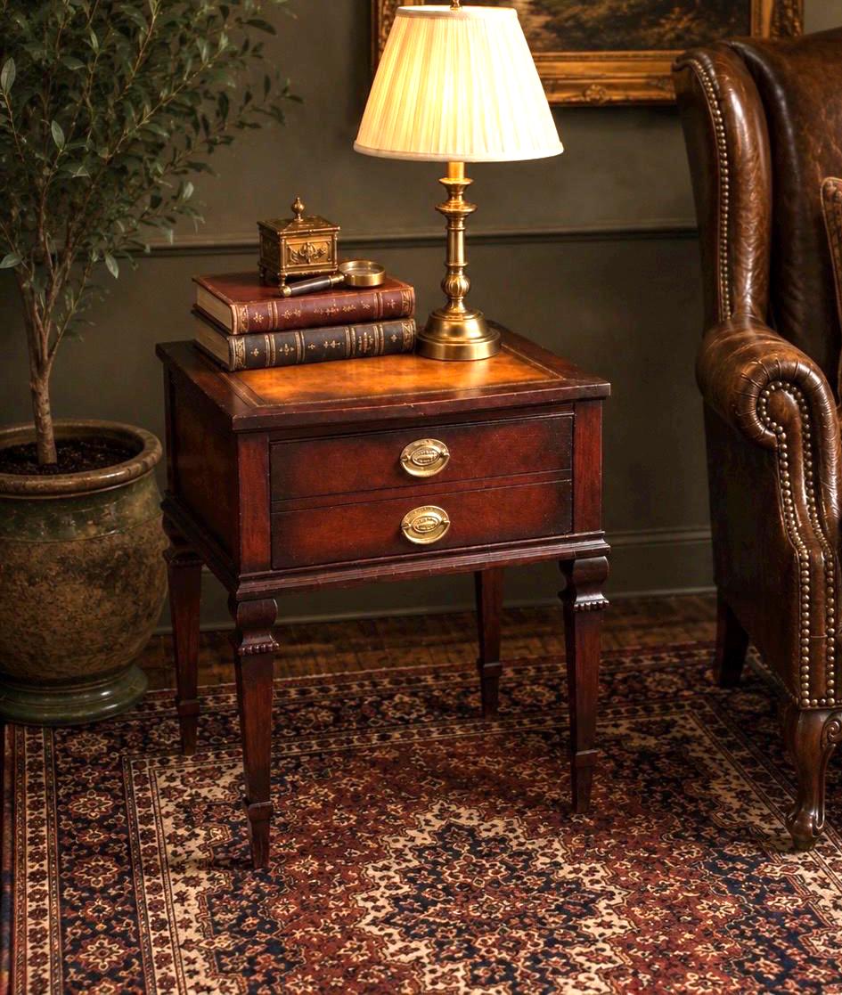 Vintage Mid 20th Century Mahogany & Leather End Table with Drawer Storage 20" Wide