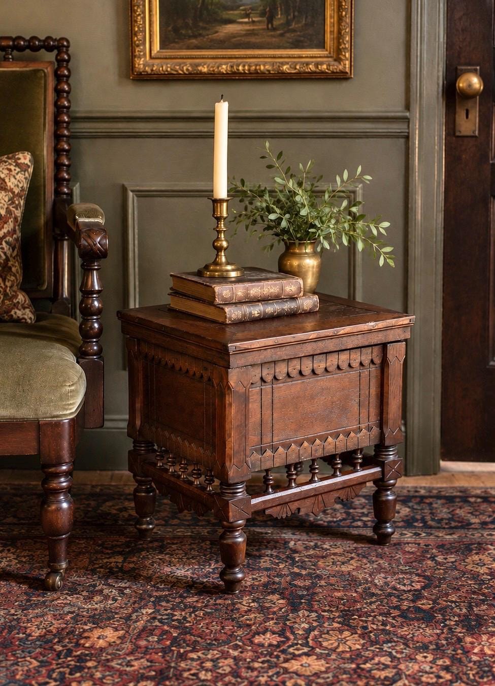 Antique Mid 19th Century Ornate Victorian Turned Leg Lift Top Storage Stool | Small Side Table 16" Wide