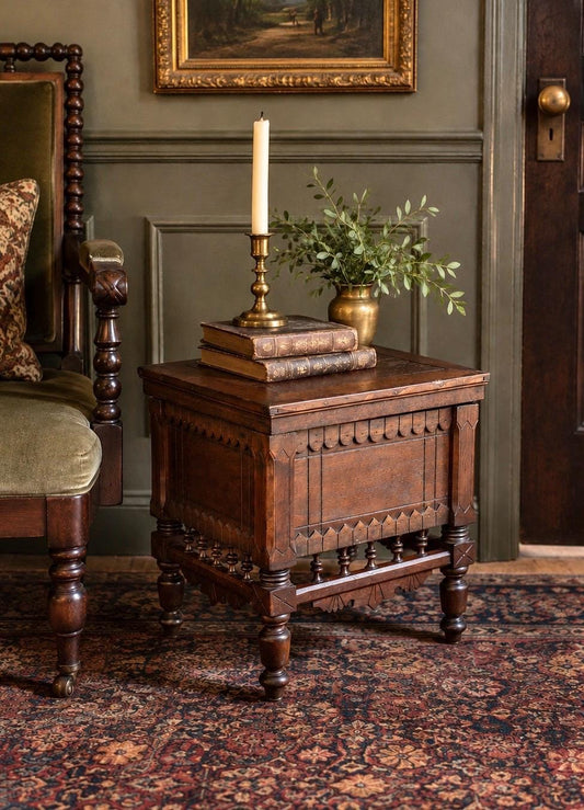 Antique Mid 19th Century Ornate Victorian Turned Leg Lift Top Storage Stool | Small Side Table 16" Wide