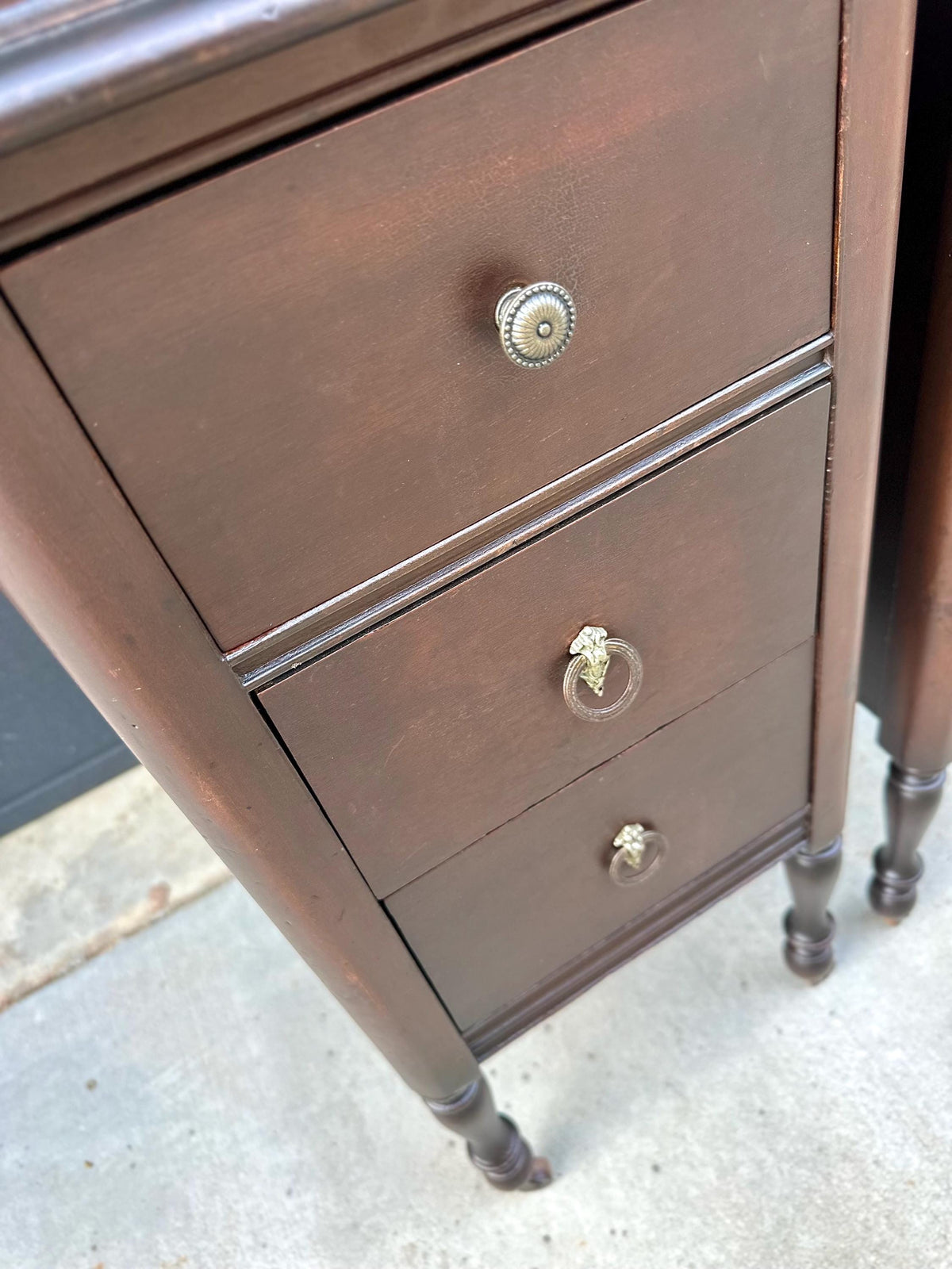 Antique 1920s Mahogany Wood Three Drawer Narrow Ring Pull Nightstands on Casters 14" Wide - a Pair