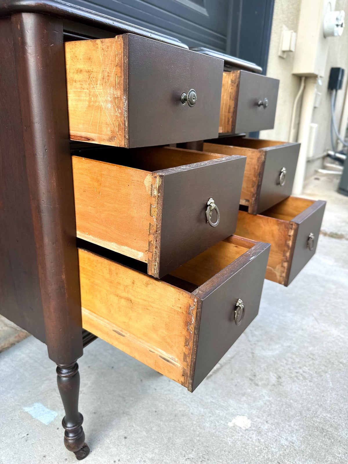 Antique 1920s Mahogany Wood Three Drawer Narrow Ring Pull Nightstands on Casters 14" Wide - a Pair