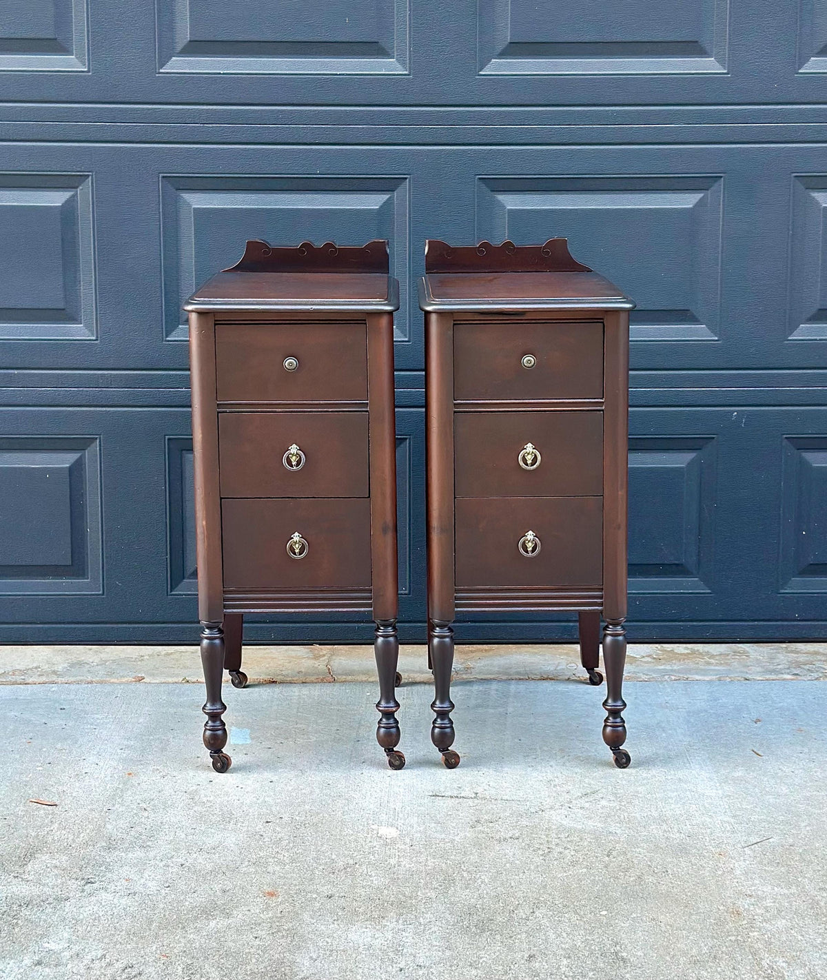 Antique 1920s Mahogany Wood Three Drawer Narrow Ring Pull Nightstands on Casters 14" Wide - a Pair