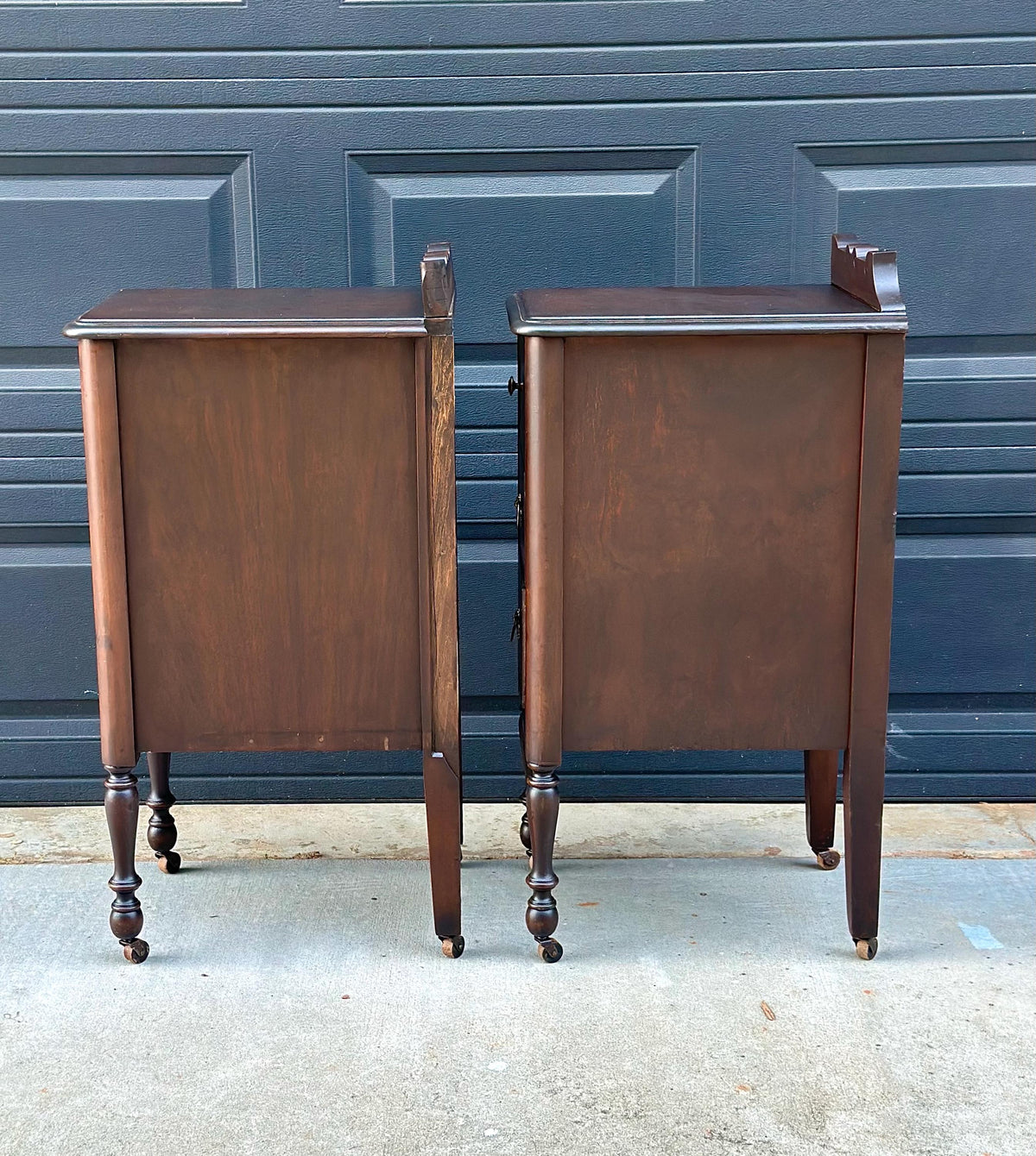 Antique 1920s Mahogany Wood Three Drawer Narrow Ring Pull Nightstands on Casters 14" Wide - a Pair