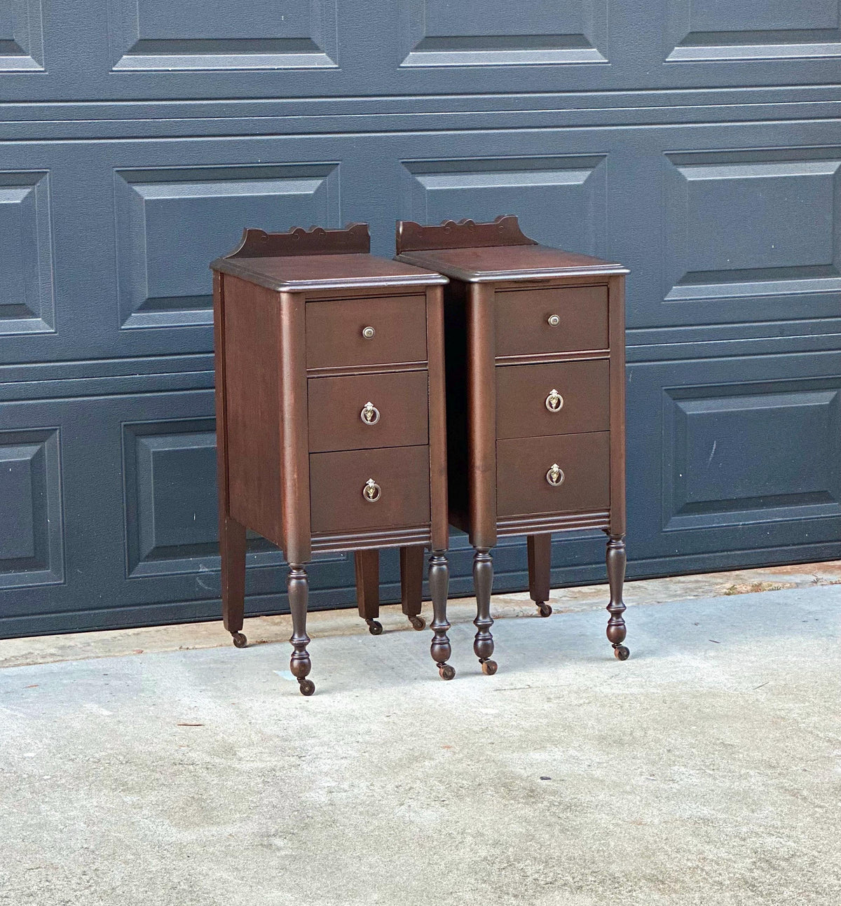 Antique 1920s Mahogany Wood Three Drawer Narrow Ring Pull Nightstands on Casters 14" Wide - a Pair