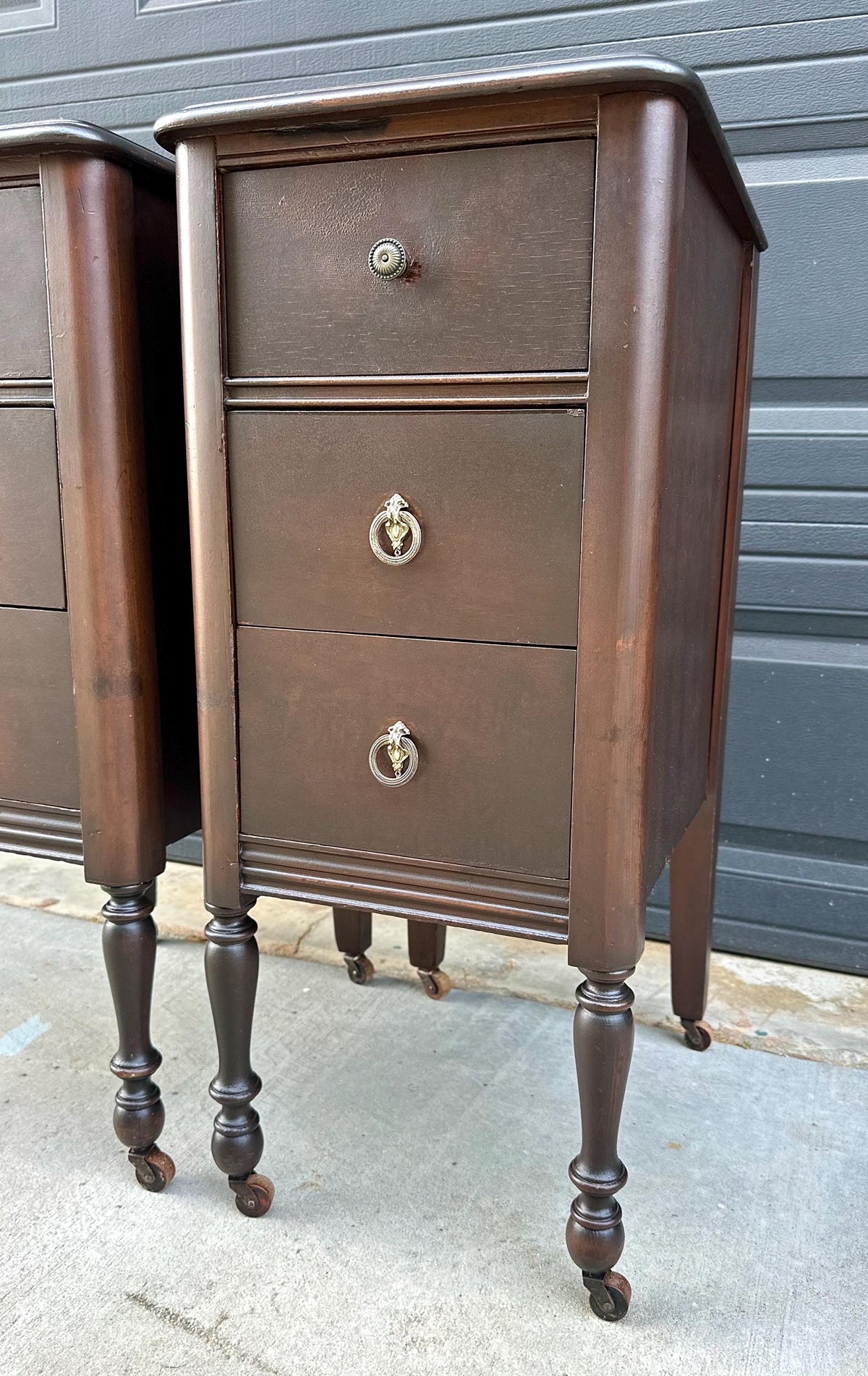 Antique 1920s Mahogany Wood Three Drawer Narrow Ring Pull Nightstands on Casters 14" Wide - a Pair