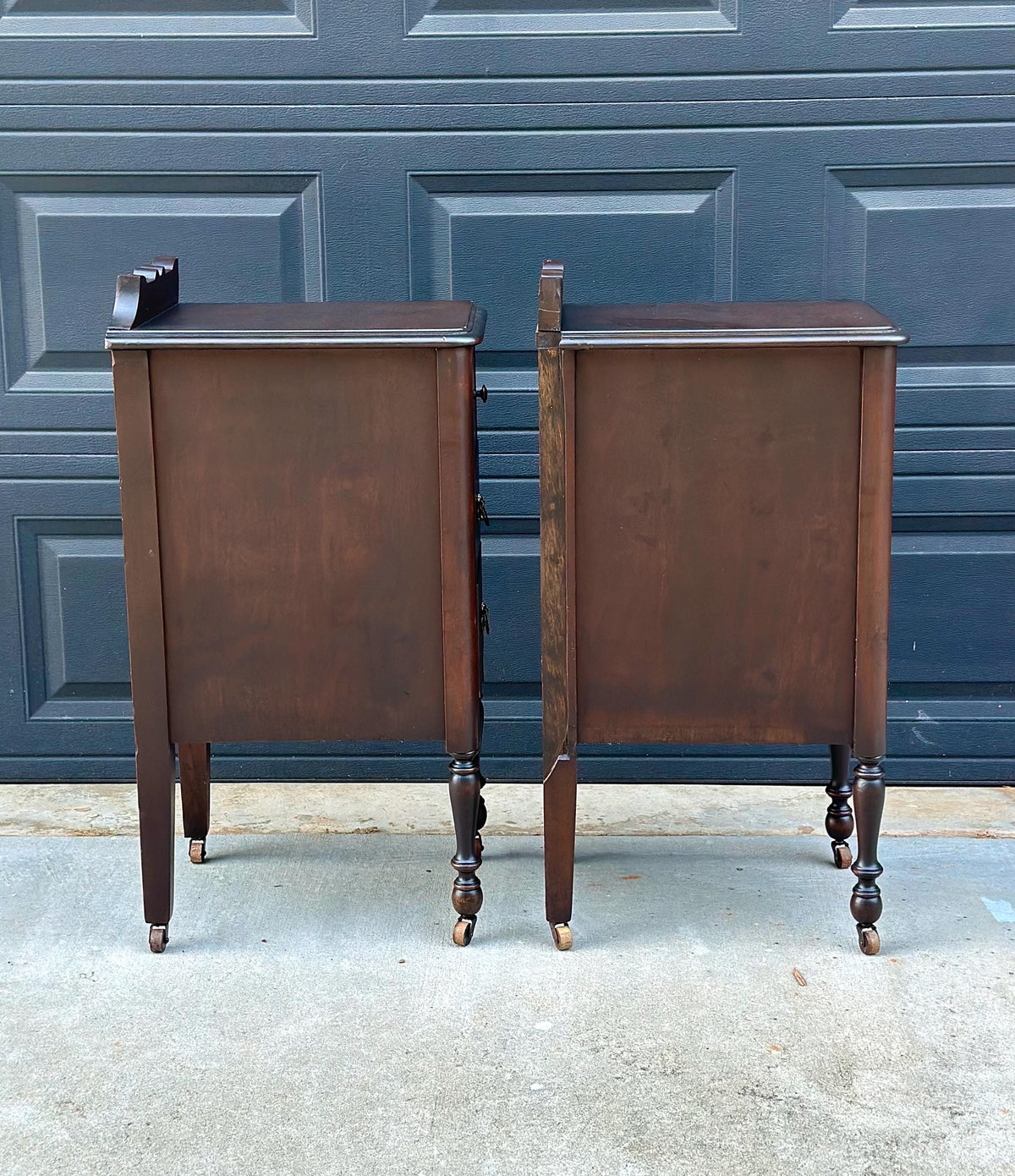 Antique 1920s Mahogany Wood Three Drawer Narrow Ring Pull Nightstands on Casters 14" Wide - a Pair